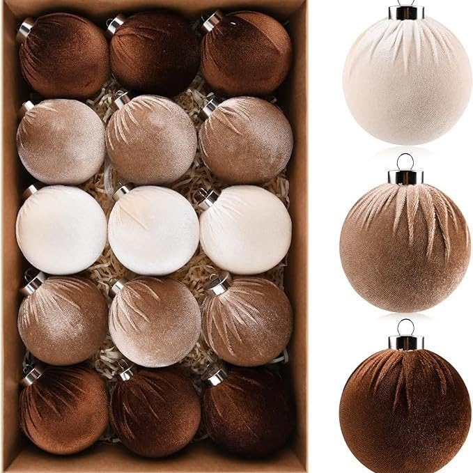 Top Sale 15 Pcs Shatterproof Christmas Tree Hanging Velvet Baubles - in Matte, Glitter & Shiny Finish - Brown, Champaigne and Baige - 60mm — image 1