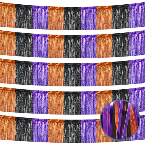 Image of Halloween Decorations - 5 Pack 10 Feet Orange Black Purple Foil Fringe Garland Tinsel Parade Float Fringe Hanging Backdrop Banner Table Skirts