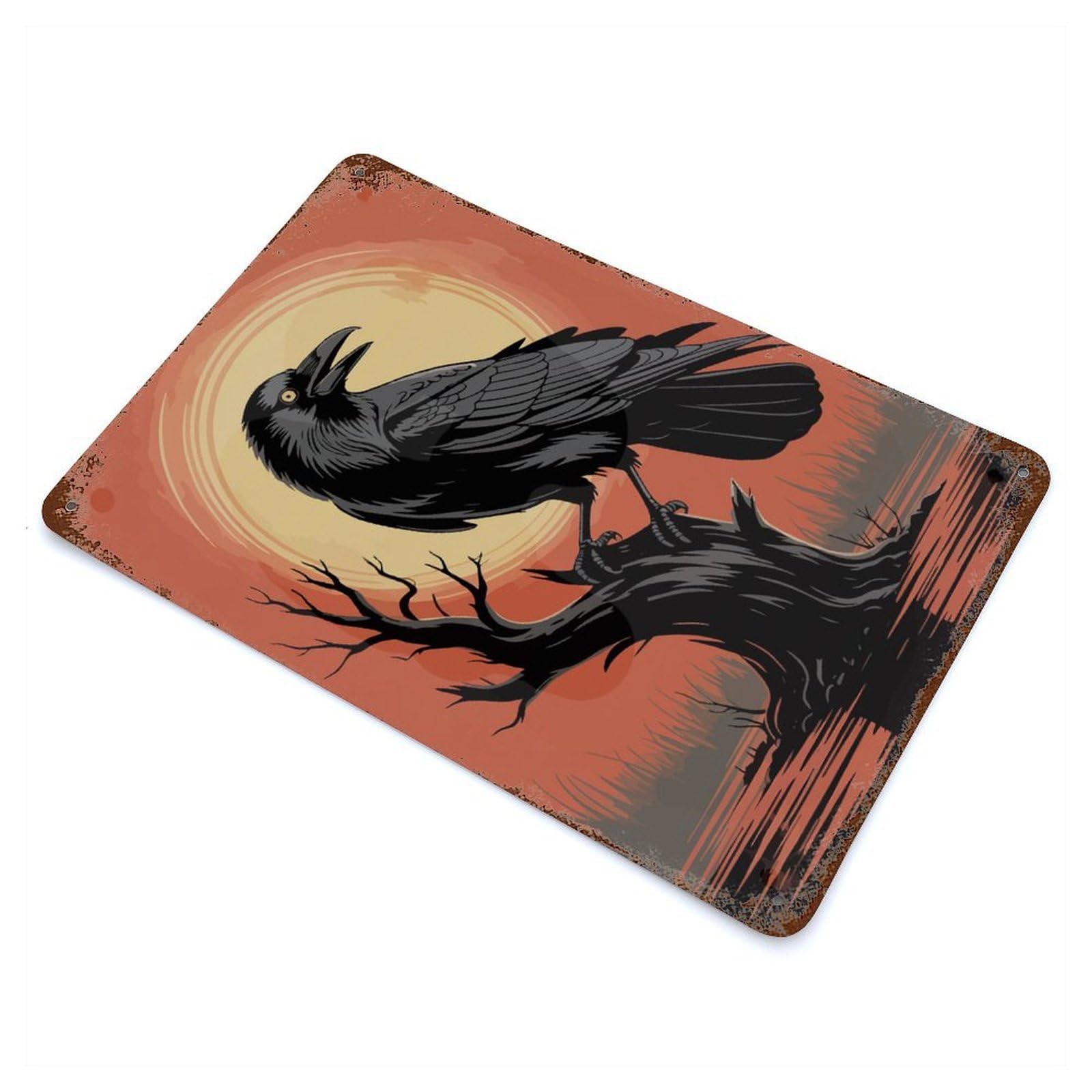 Raven on A Branch at Sunset Vintage Metal Tin Sign 11.8"x7.9", Old School Wall Decor for Living Room, Hallway And Home Decor