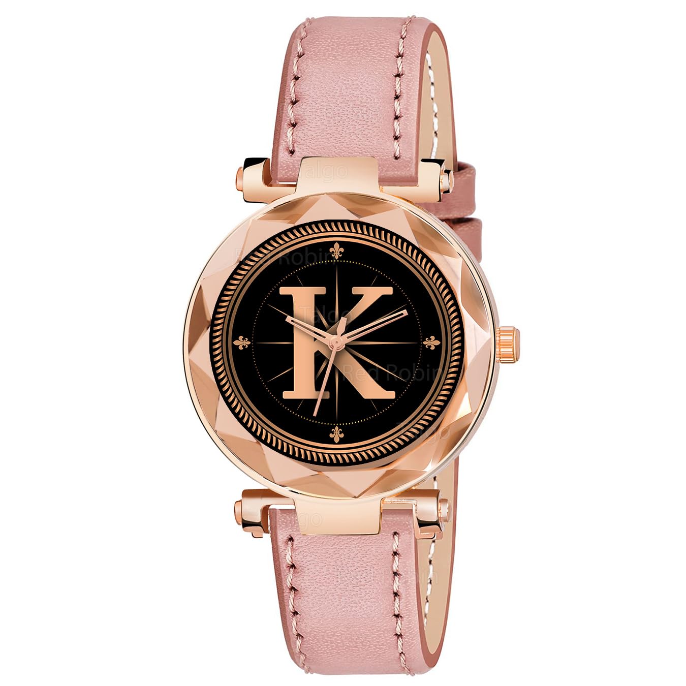 Sky Mart Analog Round Black Dial Alphabet K Design Stylish Peach Leather Strap Classic Design Fancy Wrist Watch for Women and Girls, Pack of 1 – Alpha-K-GEN-RG-PCH-L