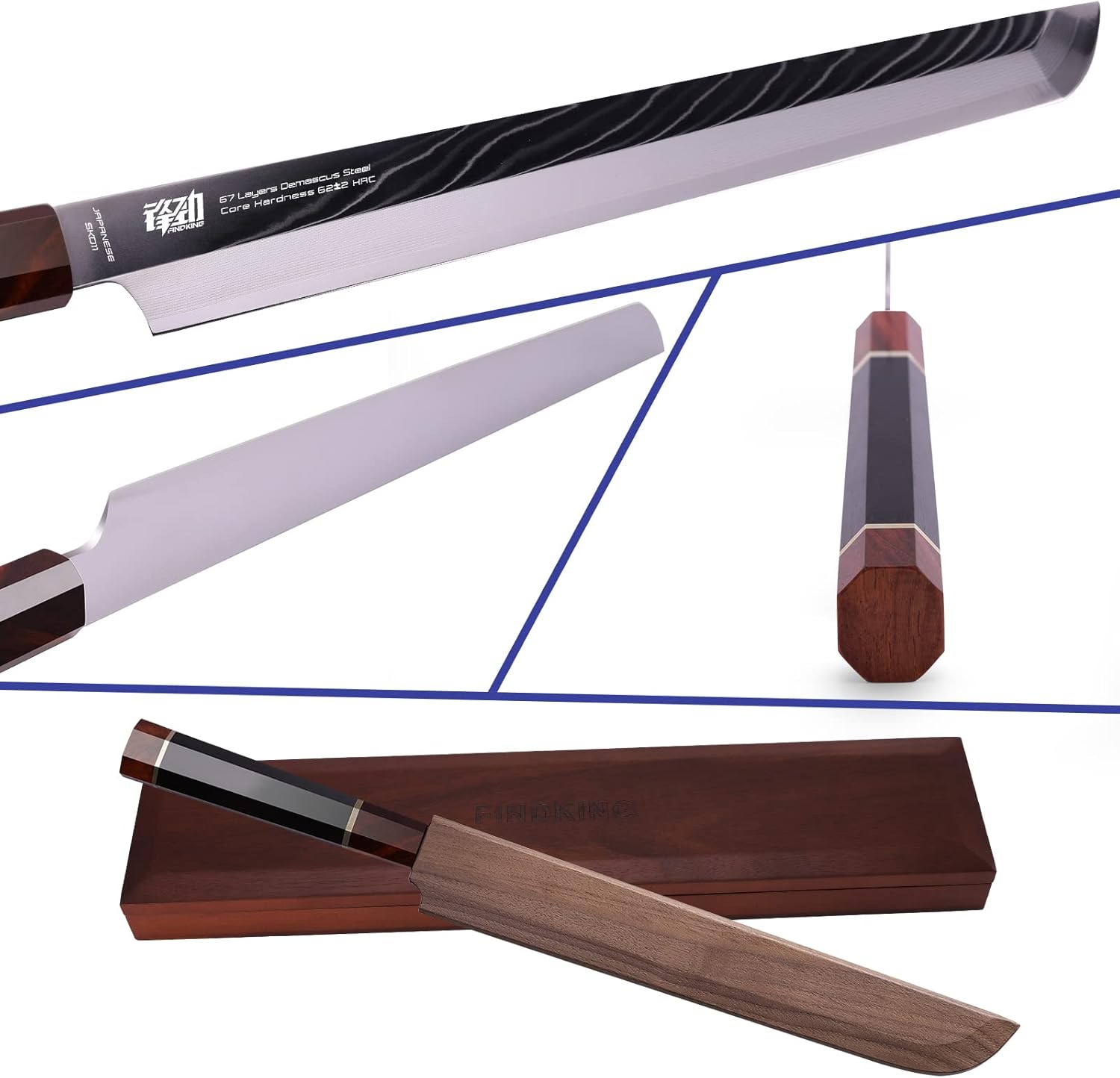 FINDKING Prestige Series Sakimaru Knife with Walnut Cover, Japanese SKD11 Damascus Steel Blade, Ebony Wood Octagonal Handle, Professional Sashimi Sushi Fish Knife (10.5 Inches, with Wooden Gift Box)