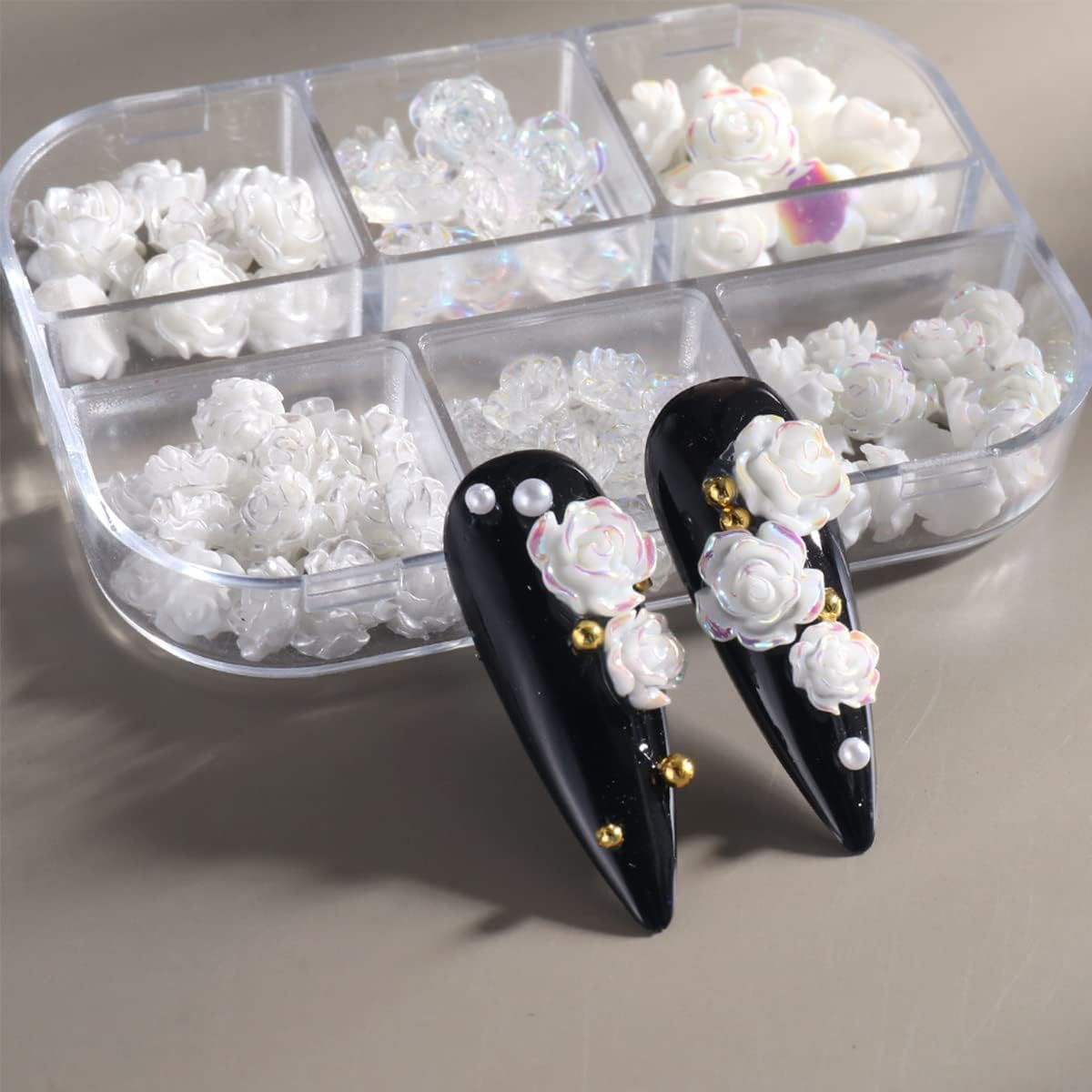 Gleevia White 3D Acrylic Rose Nail Flower Nail Charms 3D White Aurora Camellia Nail Art Jewelry Acrylic Resin Flowers Design | Nail Charms for DIY Nail Decorations Accessories Rhinestone Decor 60Pcs-image-35