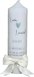 Hochzeitskerze - Herz, Monogramm, Grün, Blätterzweig und Schleifen/ 25 x 7 cm/Mit Namen, Hochzeitsdatum & Trauspruch/Traukerze