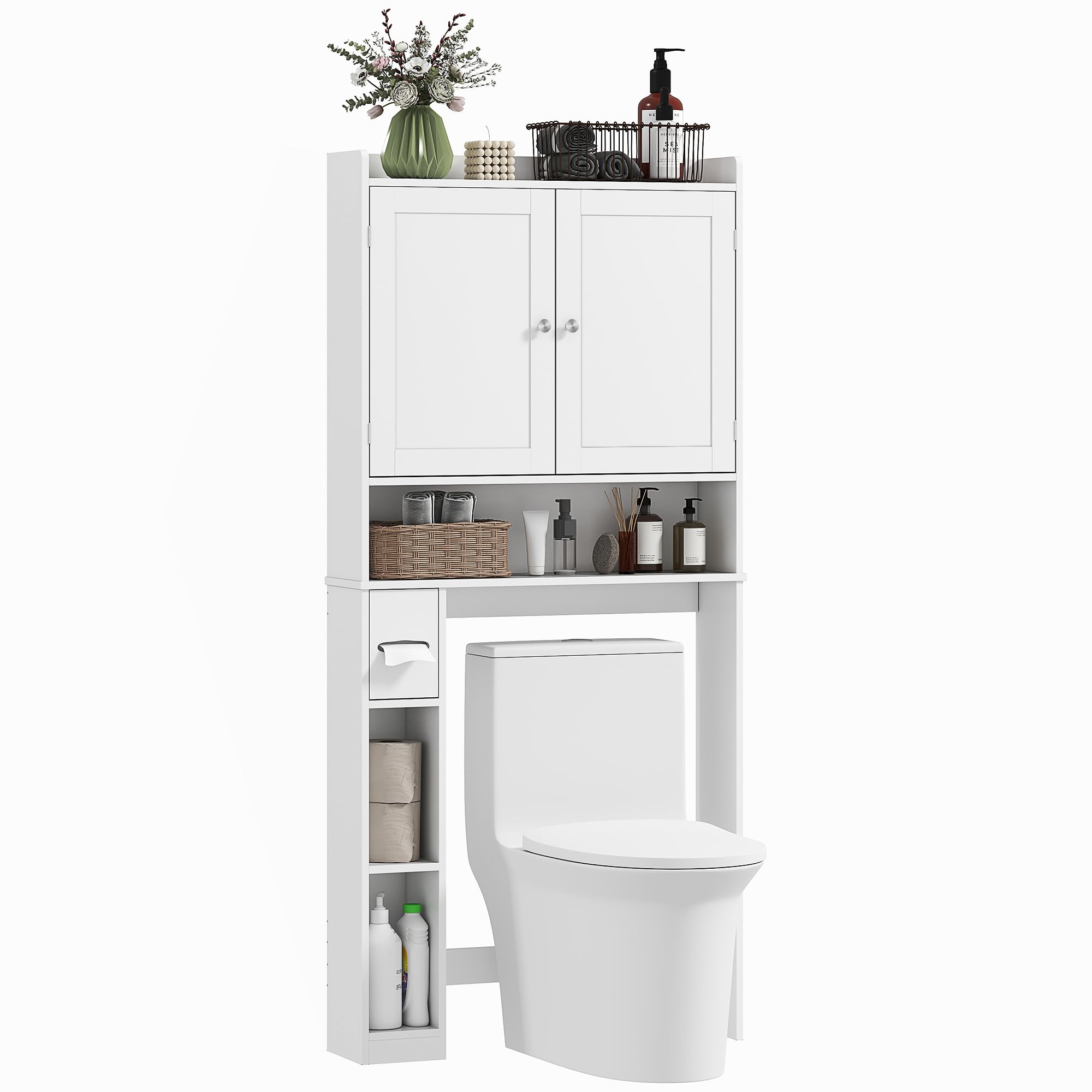 HOMCOM Over The Toilet Storage Cabinet, Modern Above Toilet Bathroom Organizer with 2 Doors, Storage Shelves, Toilet Paper Holder, Freestanding Space