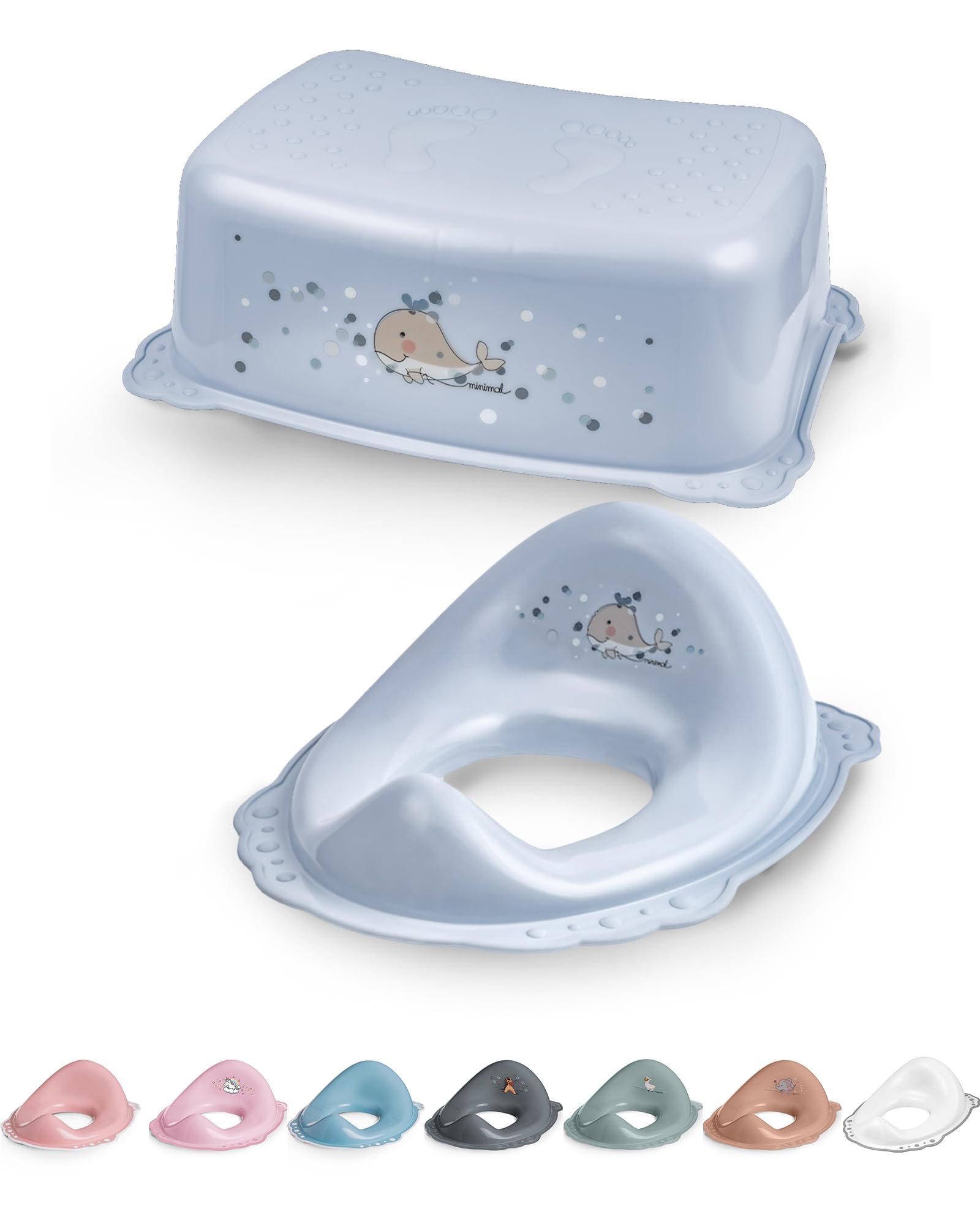 DOCARI Toilettentrainer mit Treppe als Set Wal blau - Toilettensitz Kinder und Tritthocker - Toilettensitz mit Treppe - Toilettenaufsatz Kinder WC Sitz Kinder Hocker Bad