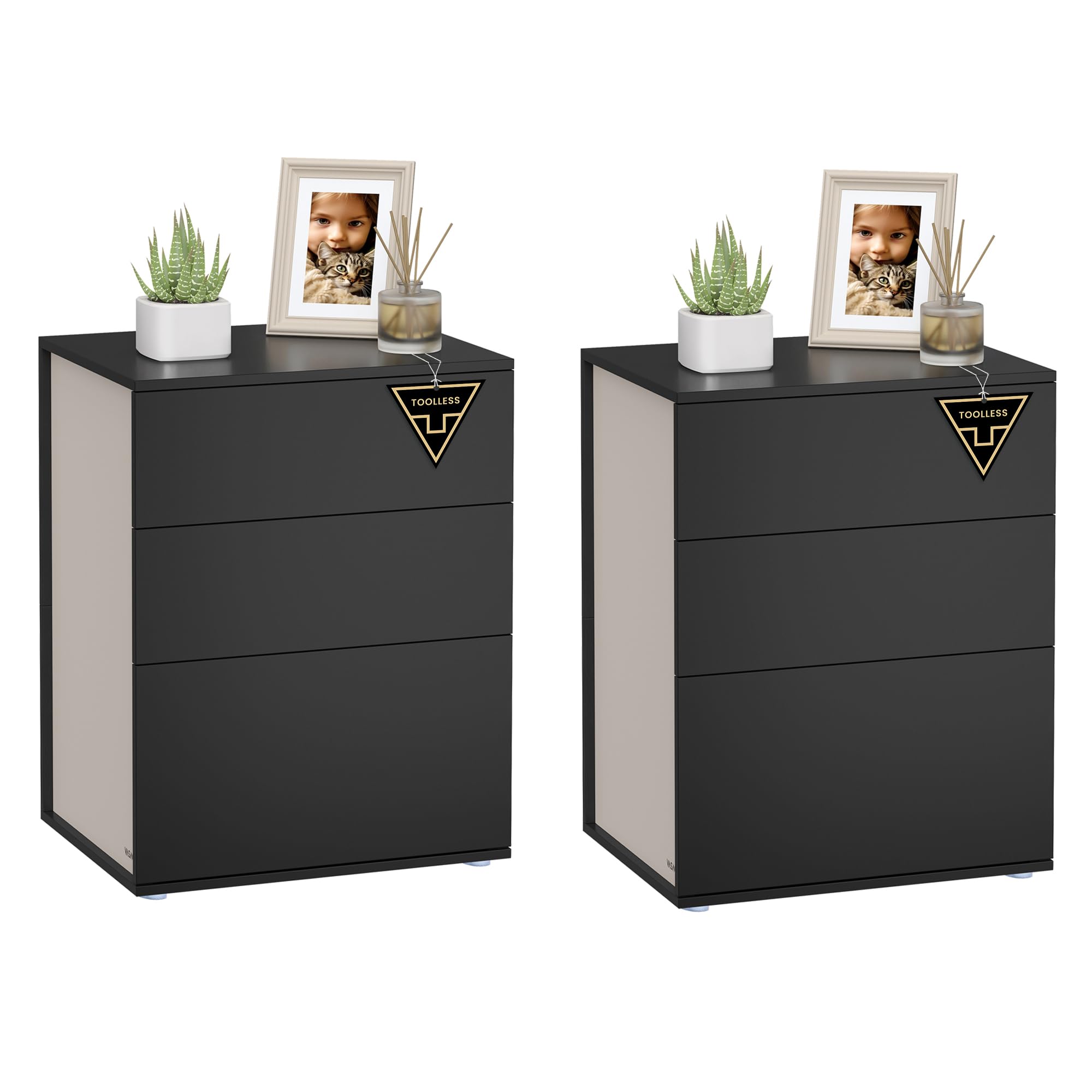 VASAGLE 2 Set Bedside Tables with 3 Drawers, Superfast Toolless Assembly, Bed Side Cabinet Nightstand, Black Chest Of Drawers for Bedroom/Living Room, LET779B01