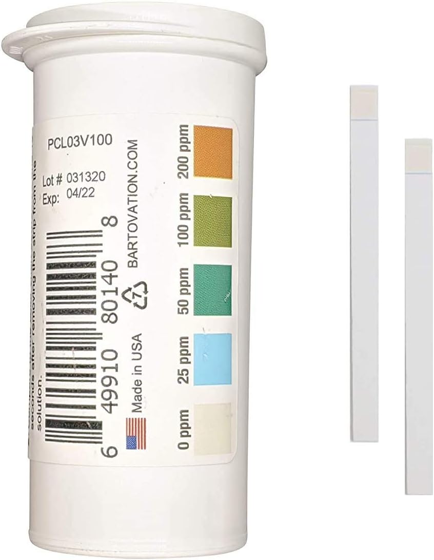Restaurant Chlorine Sanitizer Plastic Test Strips, 0-200 Ppm [Moisture Wicking Vial Of 100 Strips]