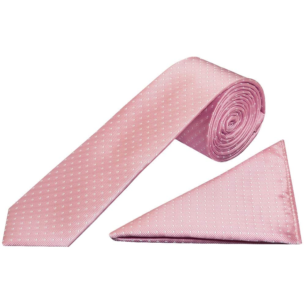 TIES R US Pink and White Polka Dot Skinny Men's Tie Pocket Square Set