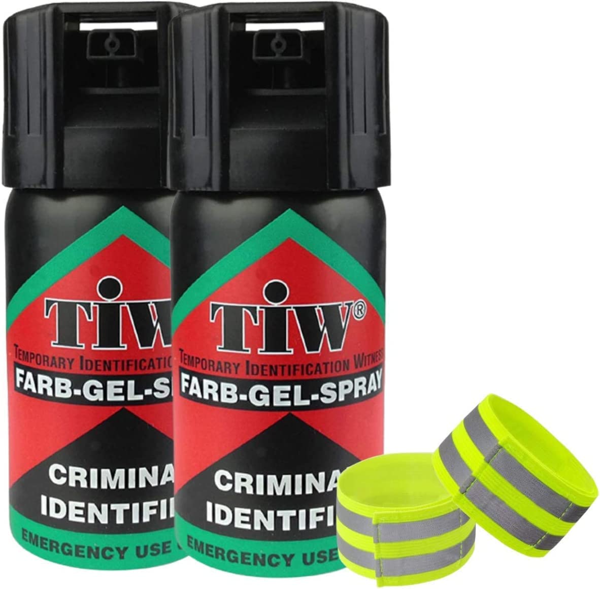 Hi Vis Reflective Arm/Ankle Bands Farb Gel Self Defence Spray UK Legal x2 Criminal Identifier Spray for Personal Protection PLUS Pair of Hi Vis Reflective Arm/Ankle Bands