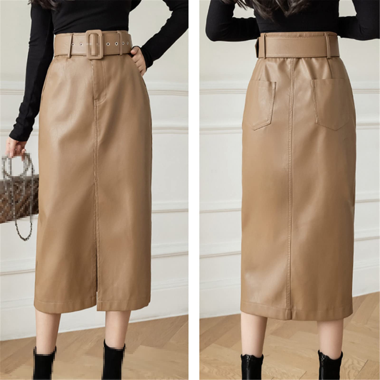 Cintura Mid-Length Gonne A Vita Alta Tasca Solida Una Linea Dritta Split Matita Gonna Hip-Wrap PU Gonne In Pelle, Caff, S
