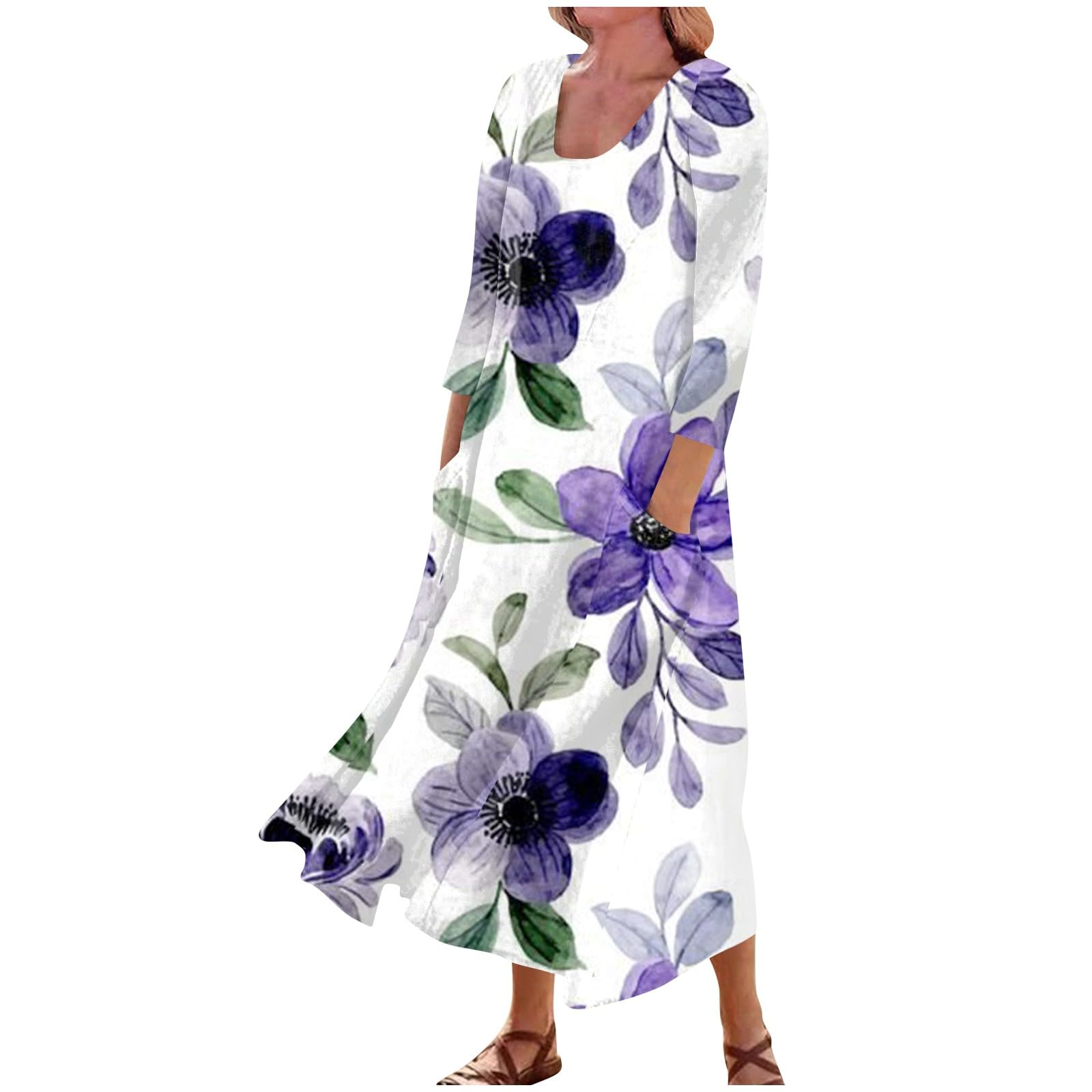 Dresses for Women 2024 3/4 Sleeve Boho Flowy Beach Dress Printed U Neck Sundresses with Pocket Comfy Maxi Dresses
