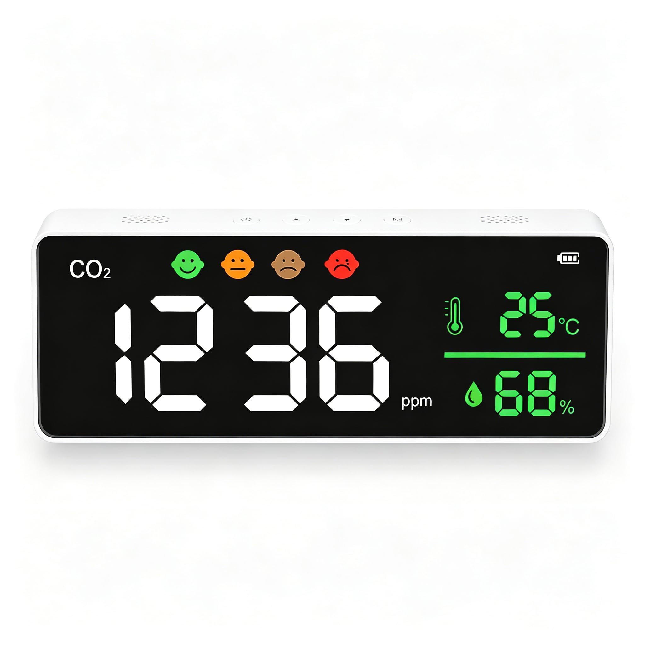 Monitor de Calidad del Aire, Pantalla LED de Montaje en Pared, Detector de Concentración de CO2, Termómetro, Higrómetro, Indicador de 4 Etapas para Uso en Interiores