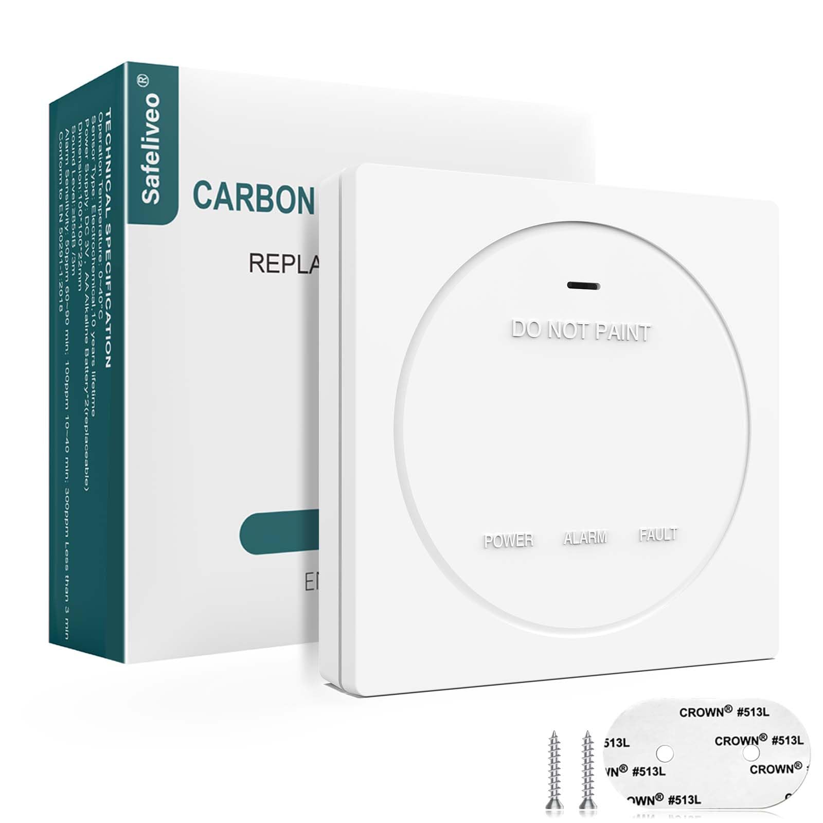 Safeliveo CO04R Carbon Monoxide Alarm with battery compartment open and batteries shown