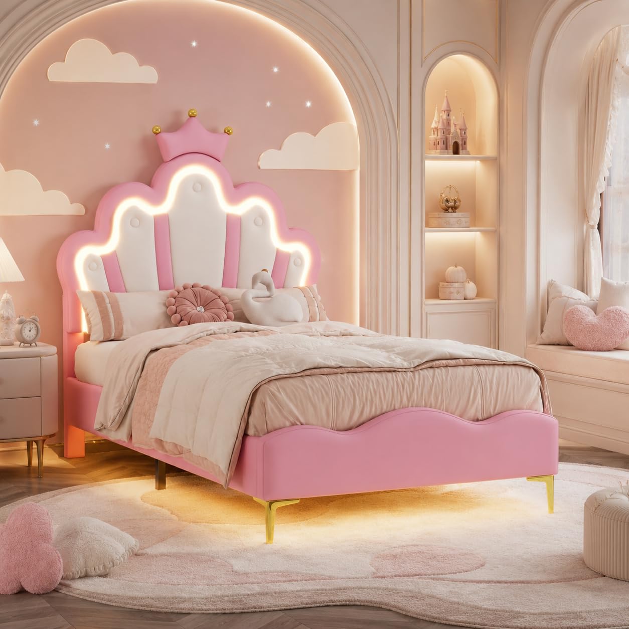 Cama infantil de 90x190 cm BRILVERDE con cabecero de corona rosa y somier de láminas