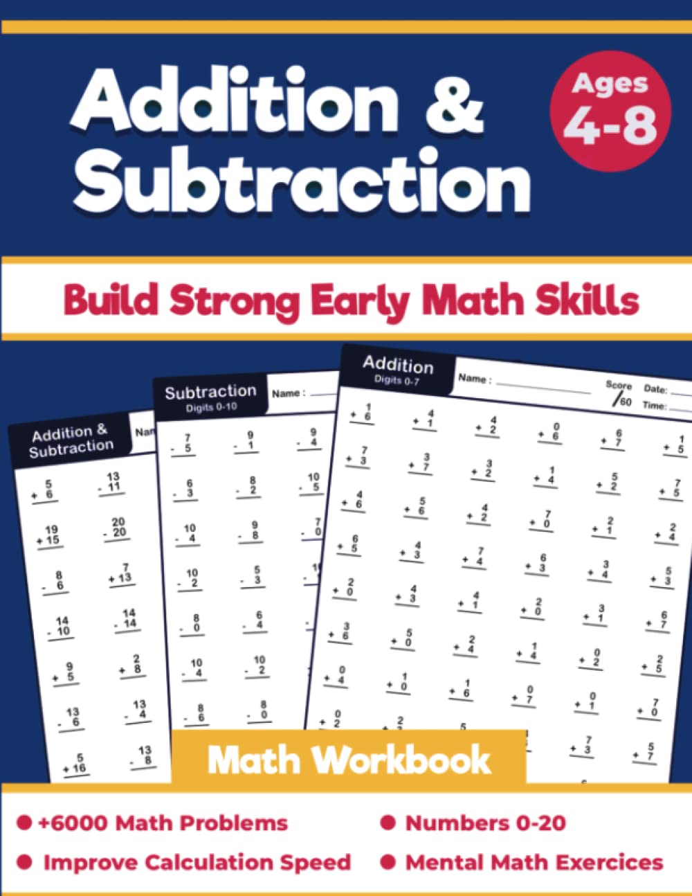 Addition and Subtraction Math Workbook: For Grades K-2, Beginner Speed Math Drills Woksheets For Kids Ages 4-8, 100 Days of Timed Tests, Digits 0-20, Kindergarten To Second Grade,