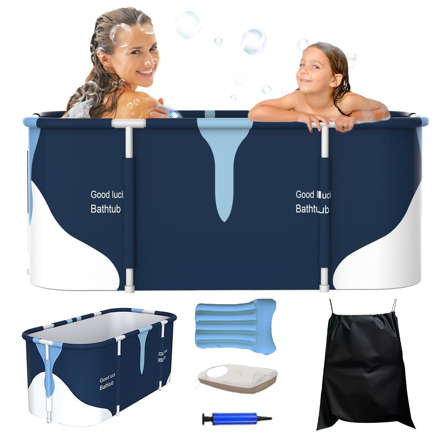 masoe Tina Plegable Adulto, Portátil, Inflable, de Gran Tamaño, con Almohadas y Asientos Hinchables, Bañera de Hielo, Jacuzzi SPA Familiar (Azul-B)