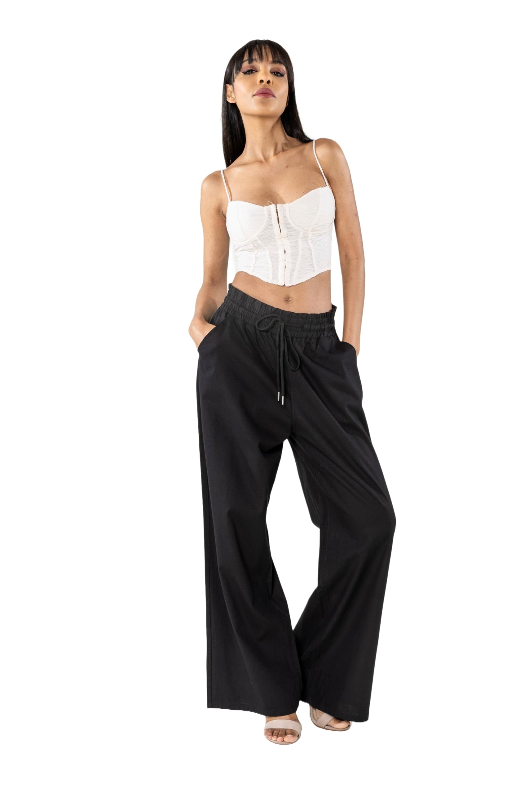 Nina Carter A001 Pantalon d'été léger et large pour femme en mélange de coton stretch, taille élastique, aéré et respirant, coupe ample, aspect lin