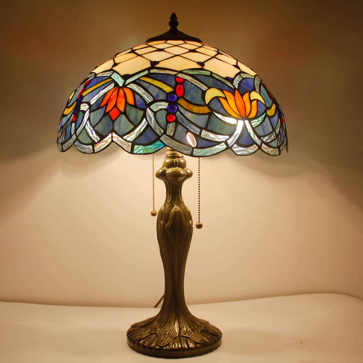 WERFACTORY Tiffany Table Lamp Stained Glass Style Bedside Lamp Blue Lotus 16X16X24 Inches Desk Reading Light Metal Base — view 3