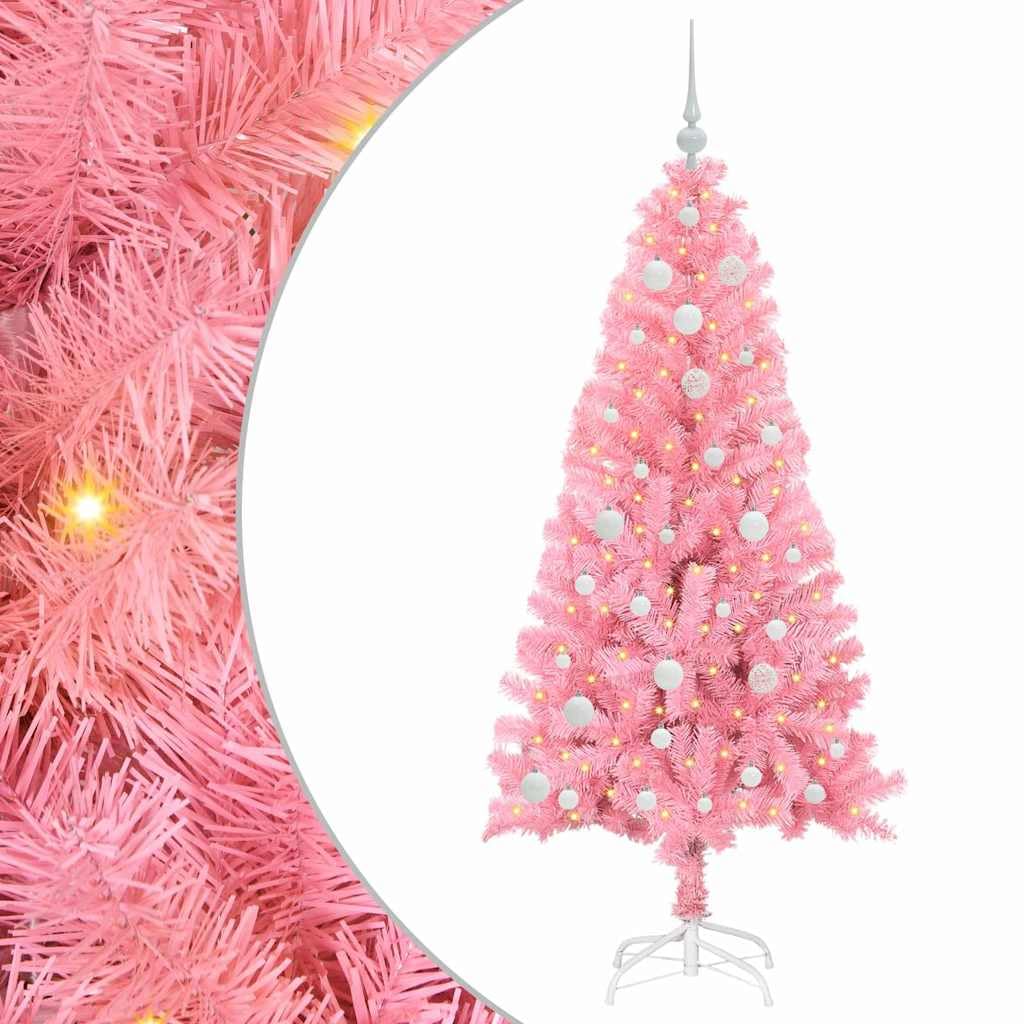 vidaXL Christmas Tree with 150 LEDs with Stand Pink 150 cm PVC, Modern Christmas Tree, Artificial Festive Ornament, Indoor Living Room Decor, Warm LED Lights, Minimalist Holiday Display