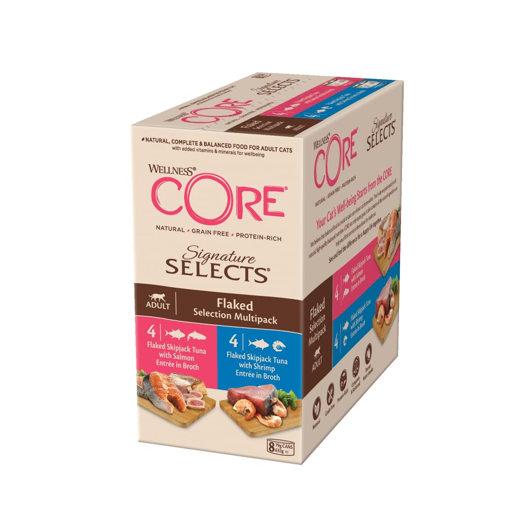 Wellness CORE Signature Selects 8 x 79g, Thunfisch, Lachs & Garnelen Mix – Nassfutter für Katze, köstliche Flocken in Brühe, getreidefrei, natürlich, hypoallergen, proteinreich, hoher Fischanteil