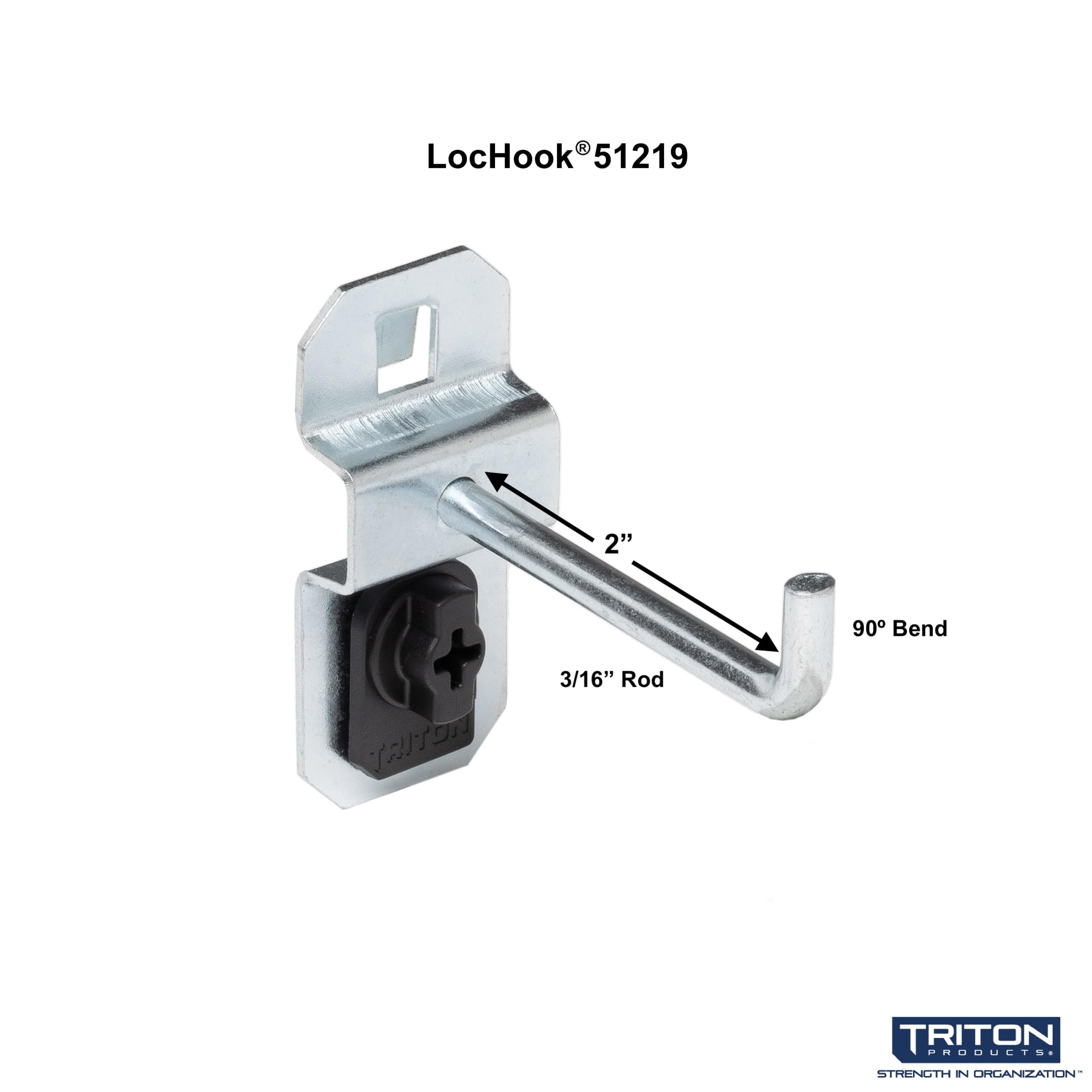 Triton Products 51219 LocHook 2-Inch Single Rod 90-Degree Bend 3/16-Inch Diameter Zinc Plated Steel Pegboard Hook for LocBoard, 5-Pack