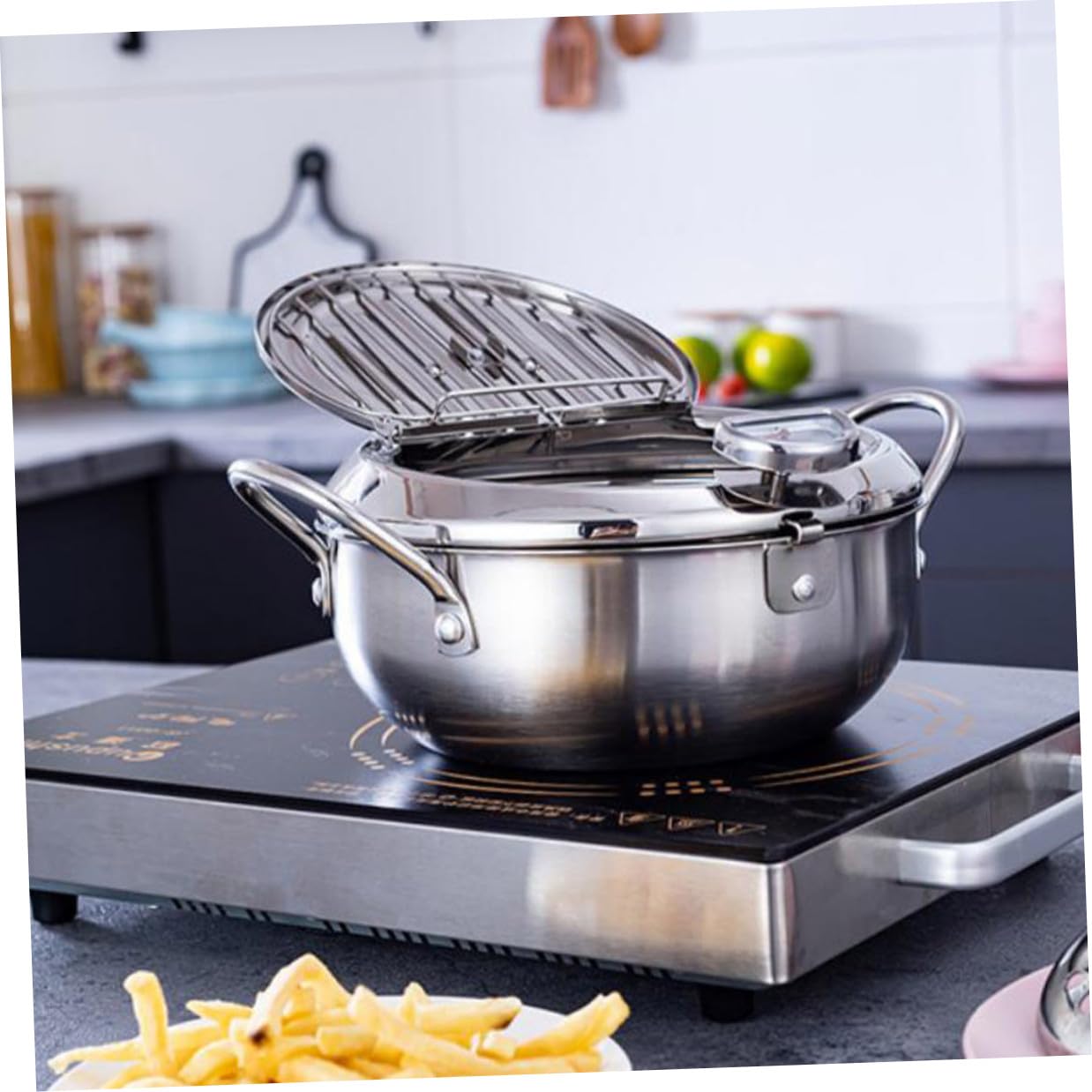 Hemobllo Freidora con Termómetro de Inoxidable Tapa Incluida Control de Temperatura para Cocina Casera Freidora Doméstica