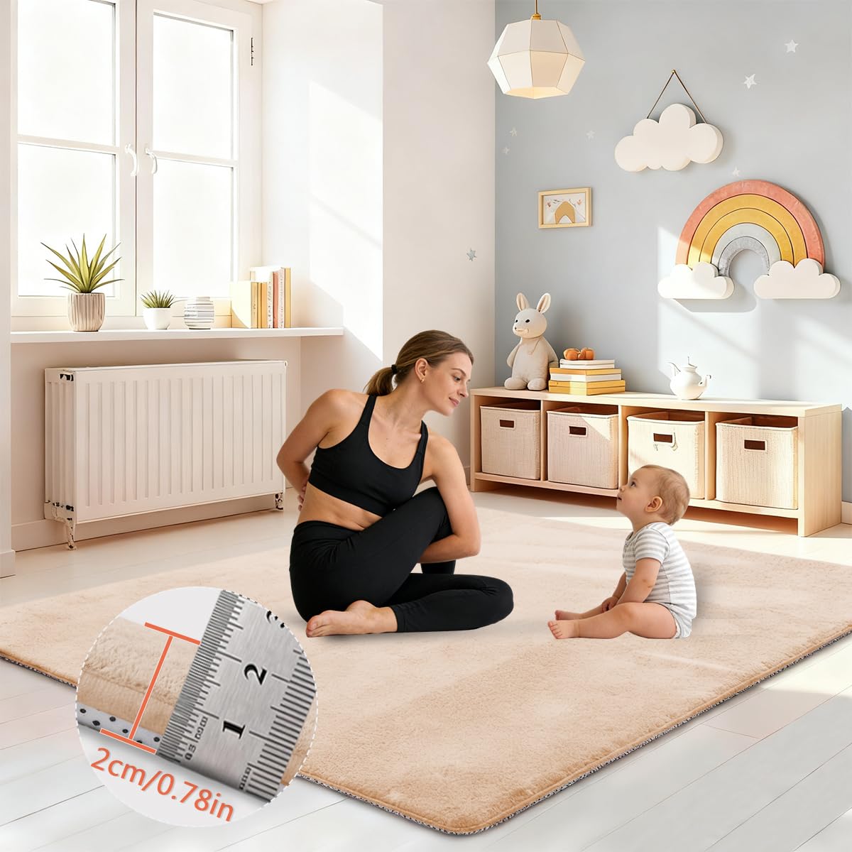 Krabbelmatte Baby, 2 cm Dicke Baby Spielmatte, kuschelig weich, schützt vor Stößen, Teppich Kinderzimmer mit hochwertigem Memory-Schaum, Krabbeldecke warm 190 x 240 cm Beige