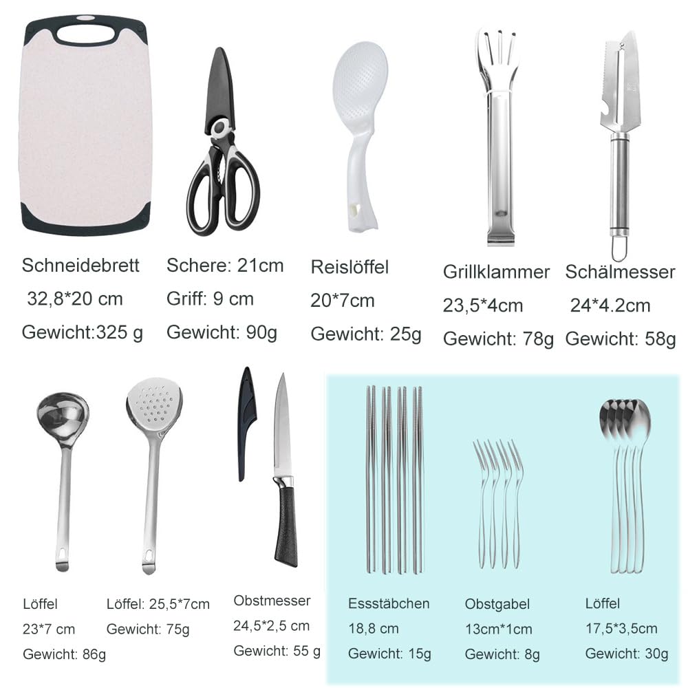 21/9 Teiliges Camping Geschirr Set Edelstahl, Picknick Camping Besteck Set, Outdoor Reisebesteck aus Edelstahl mit Messer, Gabel, Löffel für Reisen, Wandern (21, Grün)