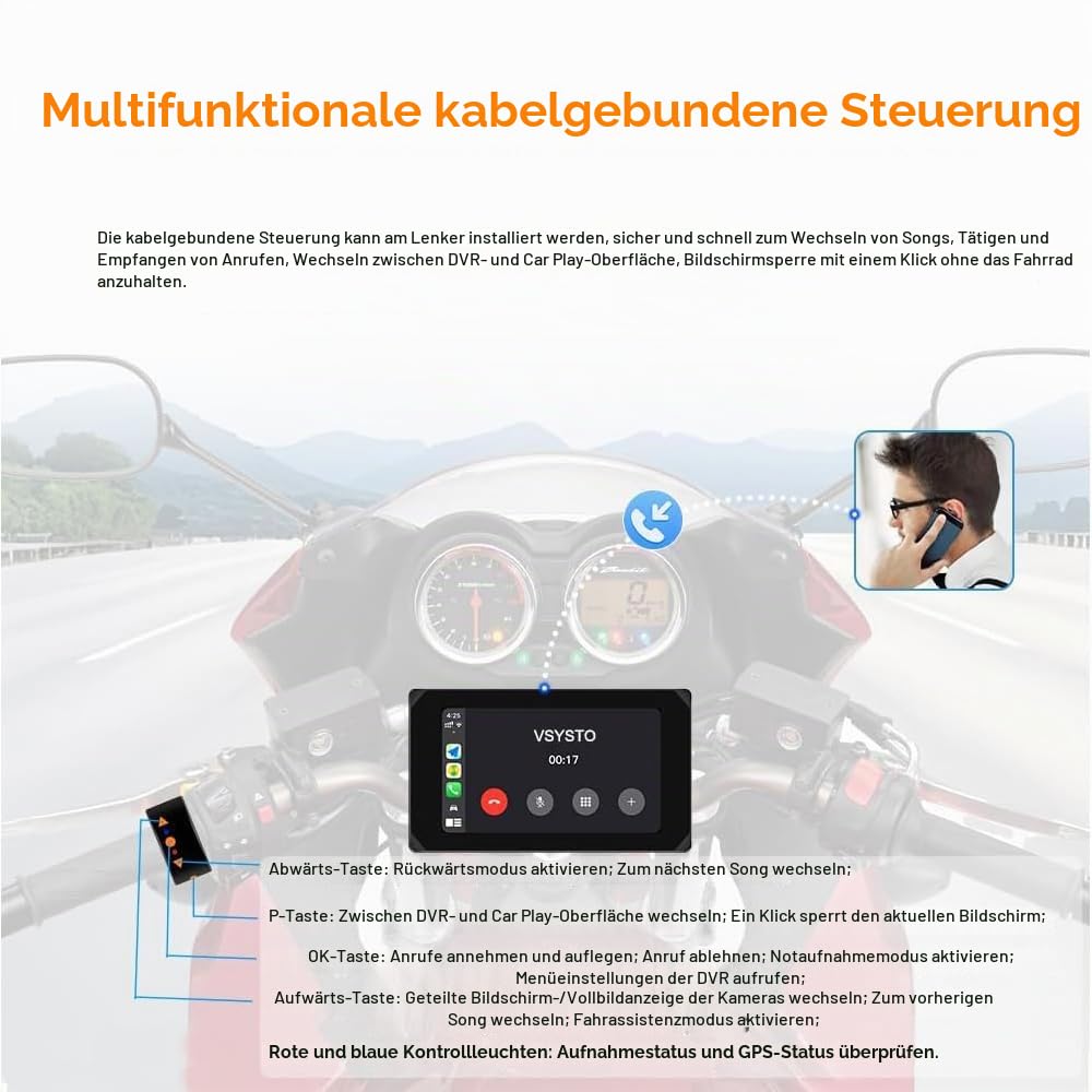 VSYSTO Motorrad Carplay Bildschirm, Kabelloses CarPlay und Android Auto, 5.0 Zoll Tragbare Wasserdichtem Touchscreen 1080P Motorrad-Kamera mit GPS Navigation, Bluetooth, Parkmonitor, Rückfahrkamera