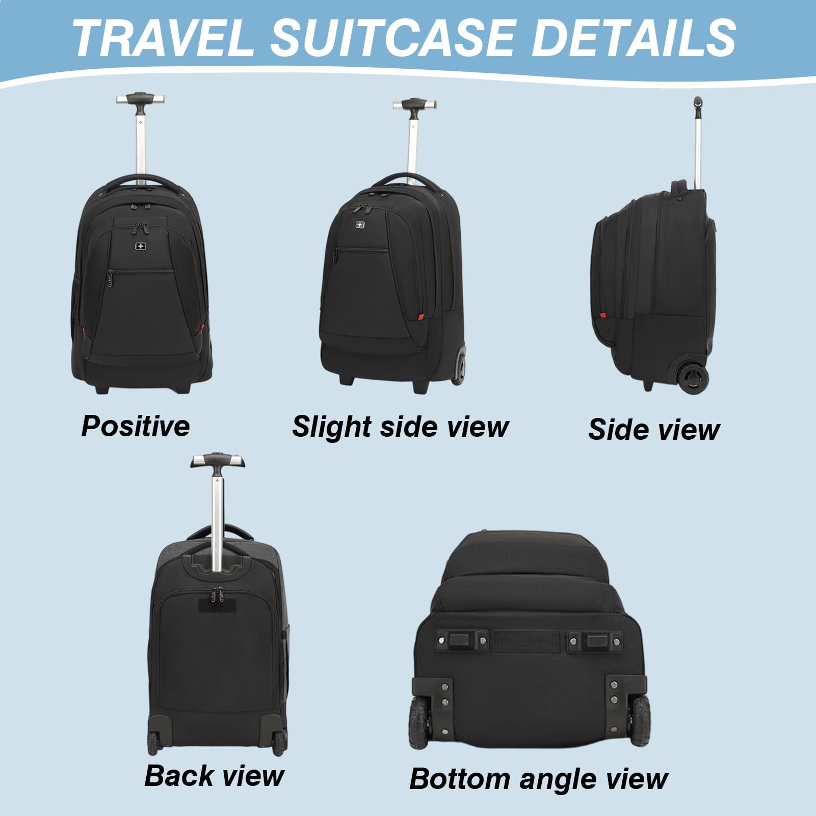 Mochila de Viaje de 50 L con Ruedas, Gran Capacidad, con Ruedas silenciosas y duraderas, Correas Ocultas para Viajes o Negocios,Negro