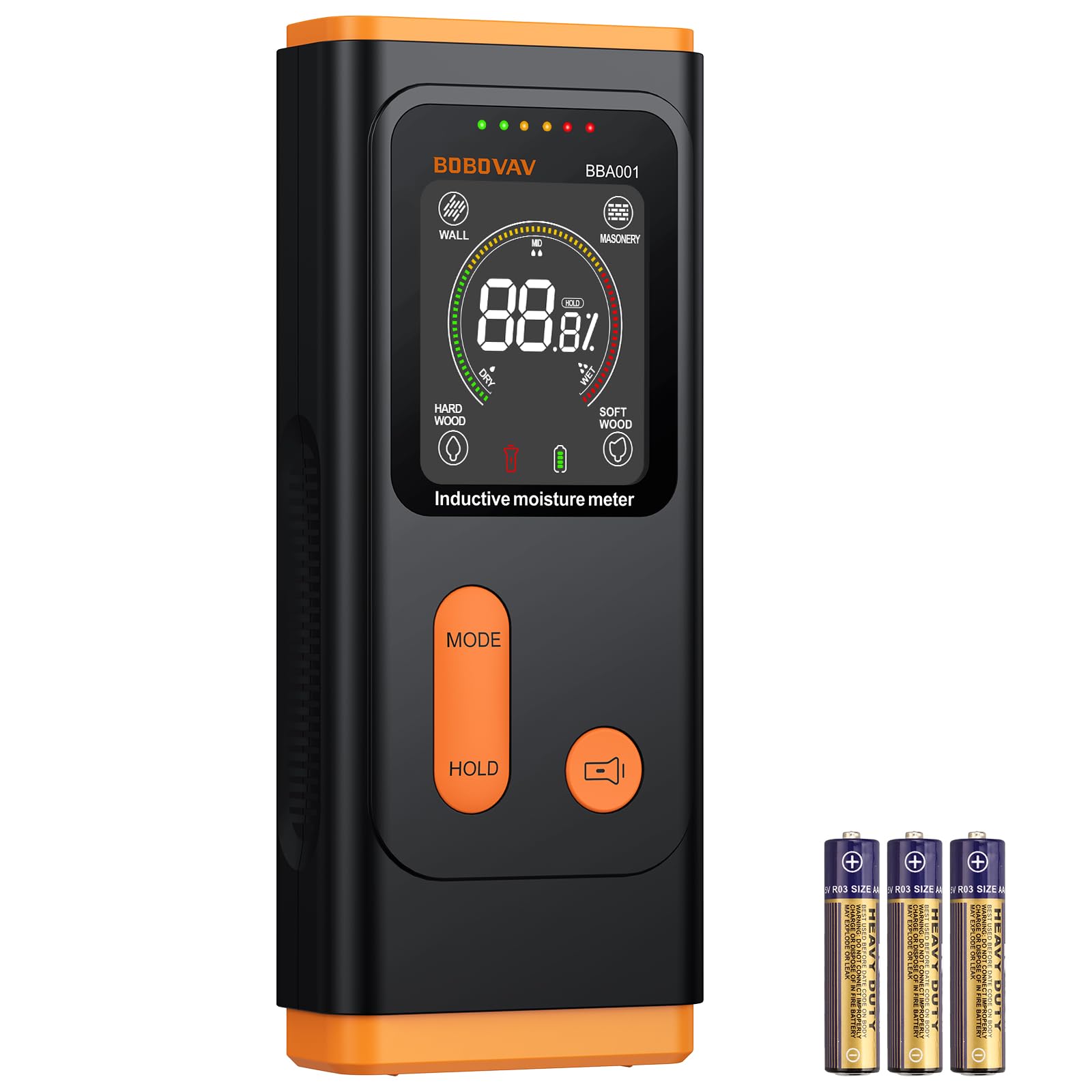 BOBOVAV Pinless Moisture Meter with 4 Material Modes & 3- Color Alert, Non‑Destructive Moisture Detector with VA Color Display & Flashlight for Wall, Masonry, Softwood, Hardwood