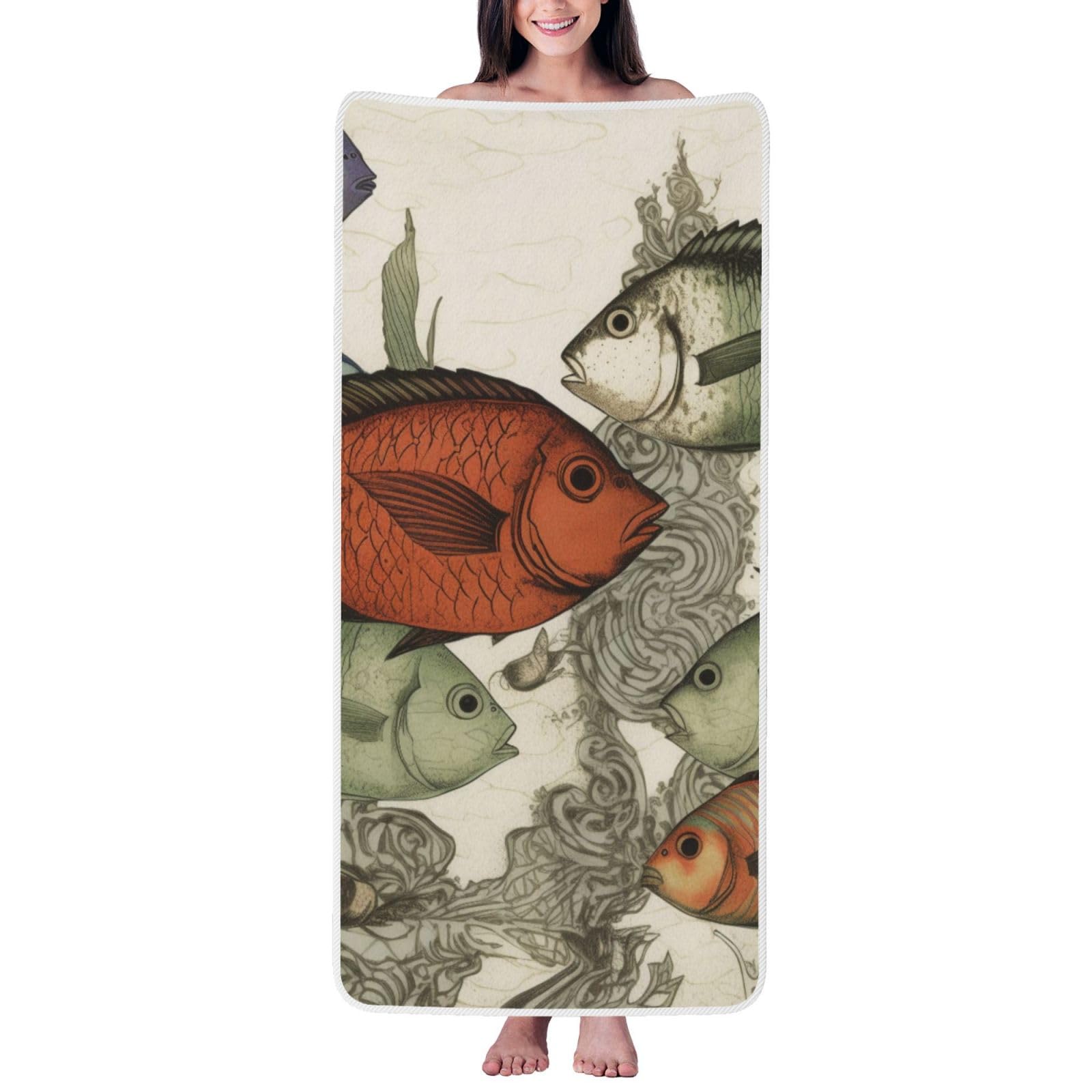 WPKJU Fish Printed Bath Towel with White Edging - 27x55 in Soft Extra Absorbent Coral Velvet Shower Towels for Bathroom