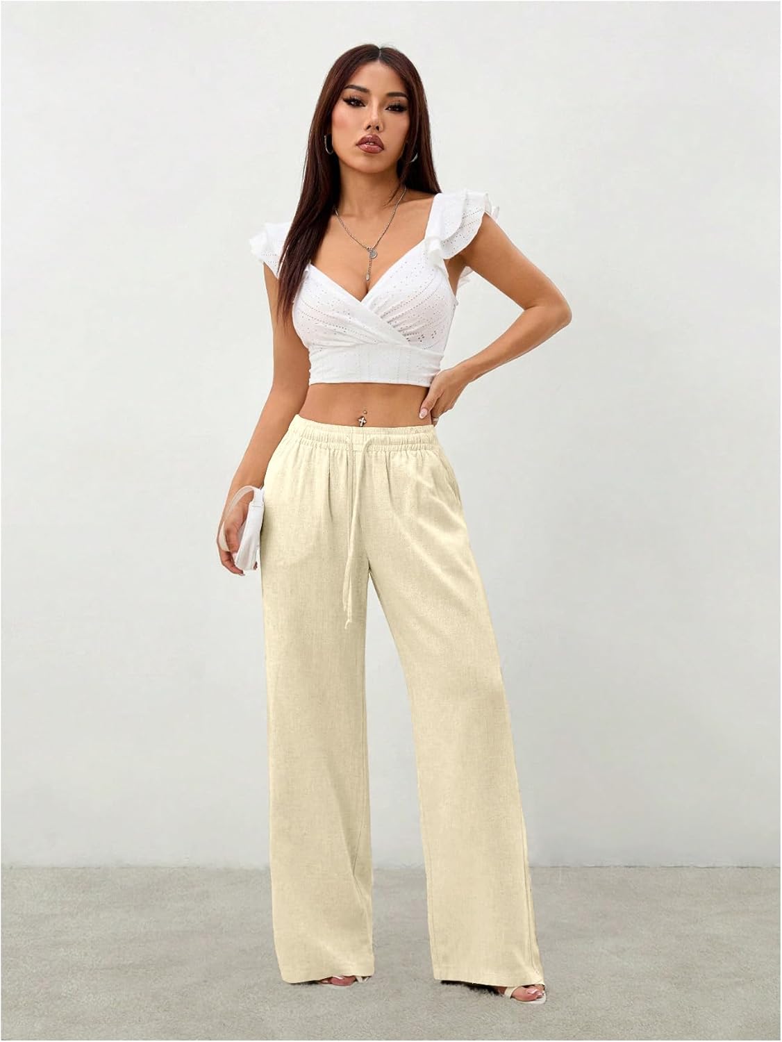Women's Straight Wide Leg Linen Pants Drawstring High Waisted Casual Long Trousers with Pockets - Image 5