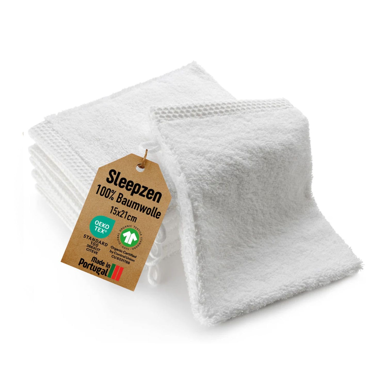 SLEEPZEN - Set aus 6 Gesichtstüchern/Waschlappen aus Bio-Baumwolle (Weiß) - GOTS & Oeko-Tex Zertifiziert - 500 g/m² Langstapel-Baumwolle - Besonders Weich & Saugfähig - Hergestellt in Portugal