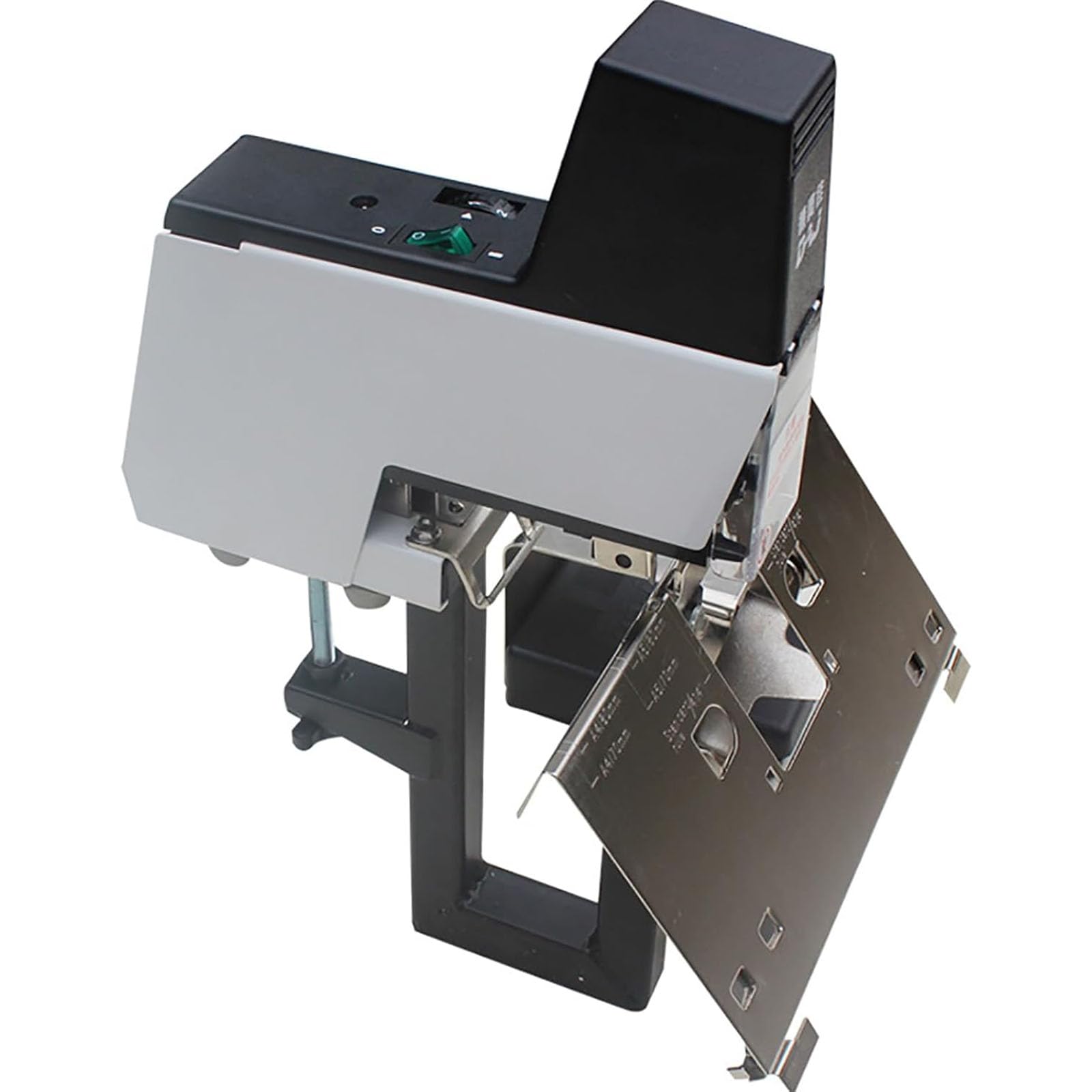 Grapadora eléctrica para sillín de 2 a 50 hojas, grosor ajustable, funciona con pedal, hasta 100 mm de profundidad, 9 niveles de intensidad para encuadernación plana y de sillín
