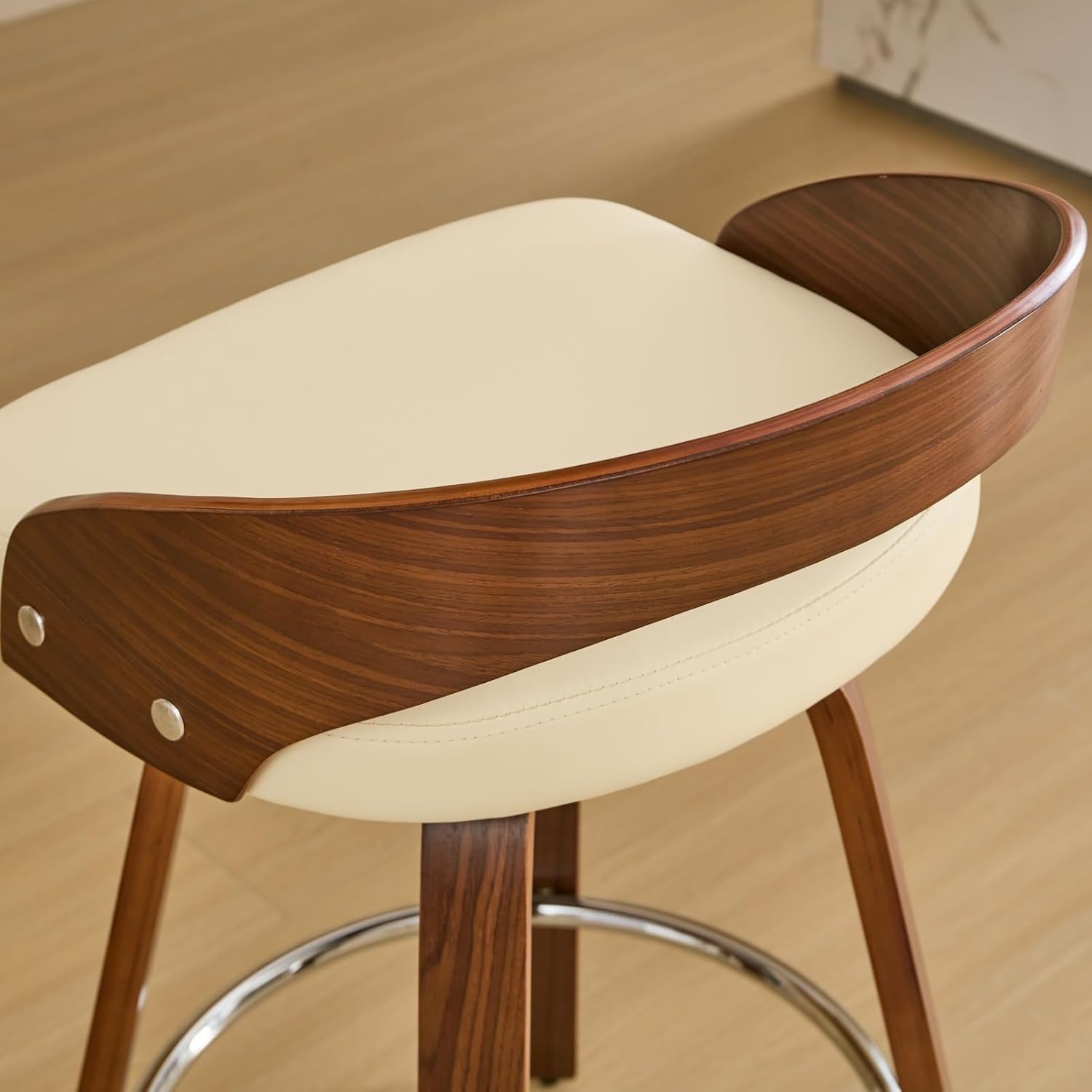 360° Swivel PU Barstool Set of 2 with Walnut Finish Open Back, 24.8" Seat Height Counter Stools with Round Footrest, Comfy Club Stools with Thick Cushion & Sloping Feet for Living Room Kitchen, Beige