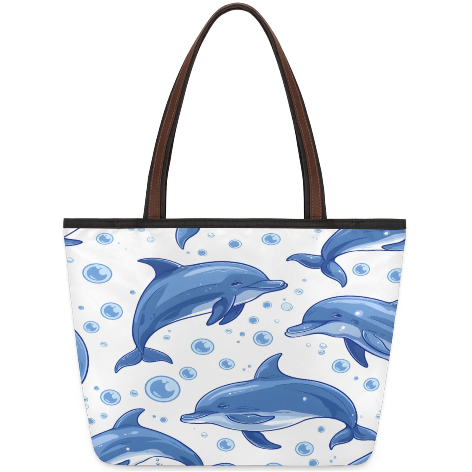 Cartoon Dolphin Bubble Tote Bag Multi Pocket Zippered Beach Bag Lightweight Waterproof Handbag for Women Men Work Gym Travel Swimming Yoga Grocery Shopping M