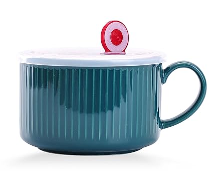 WHJY 30oz Ceramic Bowl with Lid and Handle for Soup and Instant Noodles Soup Mug, Modern Simple Style, with Heat Preservation Handle - Dark green