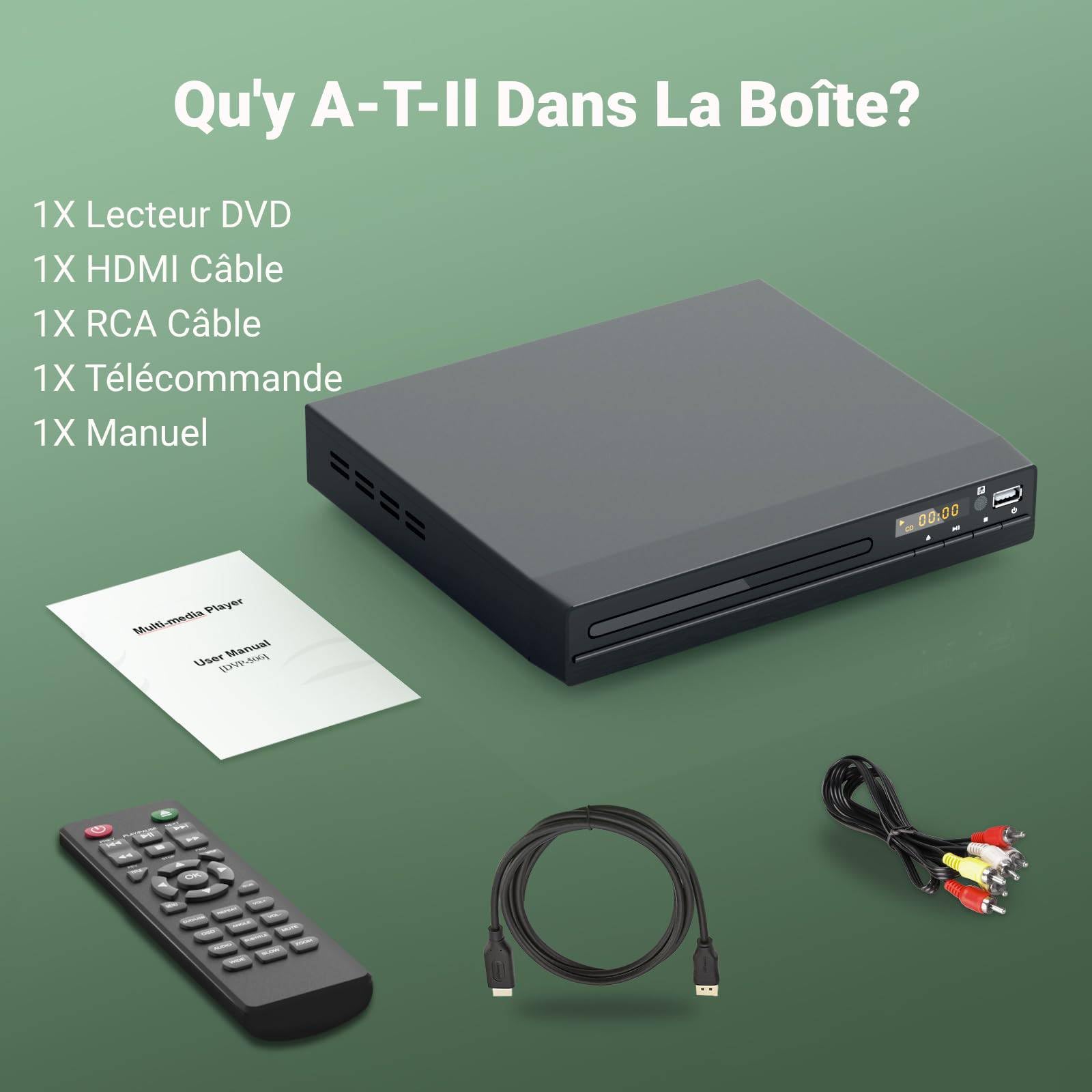 HDMI DVD Player | Unterstützt 1080P, USB, CD | Regionenfreier DVD Spieler für Fernseher | Mit HDMI-Kabel, RCA-Kabel und Fernsteuerung