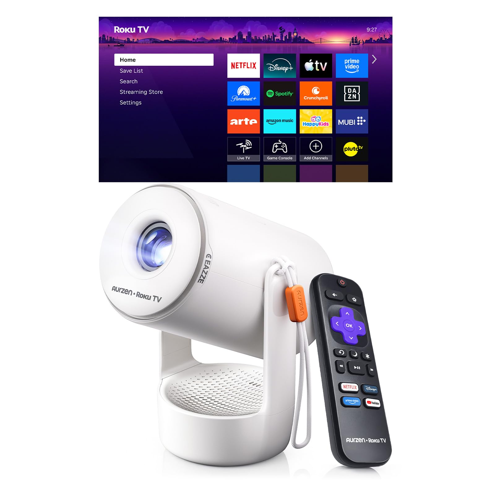 Aurzen E1R Smart Mini Beamer Tragbarer mit Roku TV, WLAN und Bluetooth | Roku-TV integriert, verbesserte Soundbasis,Trageschlaufe, 180°-Drehung, automatische vertikale Trapezkorrektur, Zoom