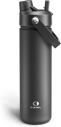 ENCOOL Botella de agua aislada con popote, de acero inoxidable, a prueba de fugas, sin BPA, al vacío de doble pared que se mantiene fría durante 24