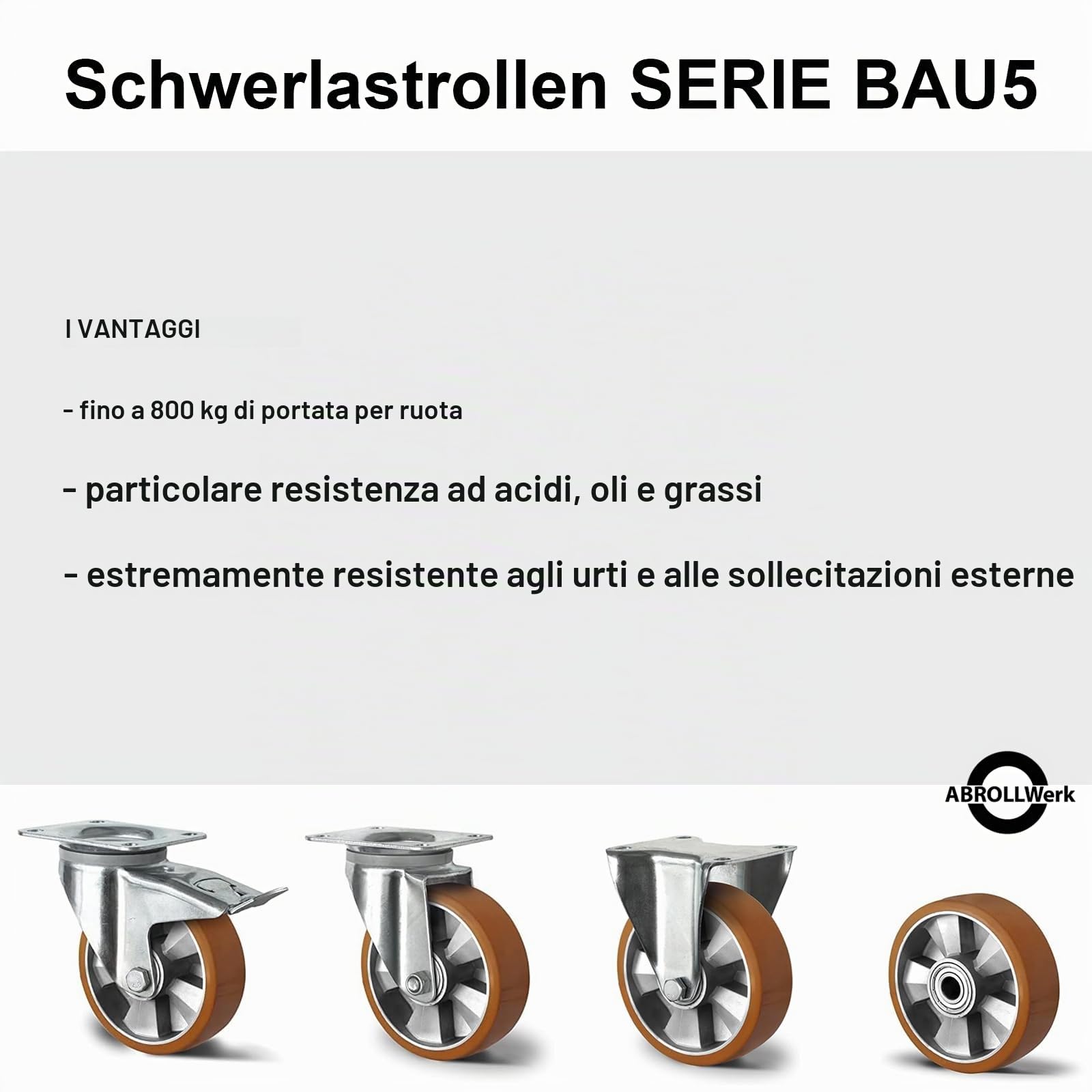 Abrollwerk Set di 4 ruote di carico pesanti 200 mm – 1800 kg – 2 ruote girevoli con freno & 2 ruote girevoli – battistrada in PU & corpo ruota in alluminio – ruote industriali con doppio cuscinetto a