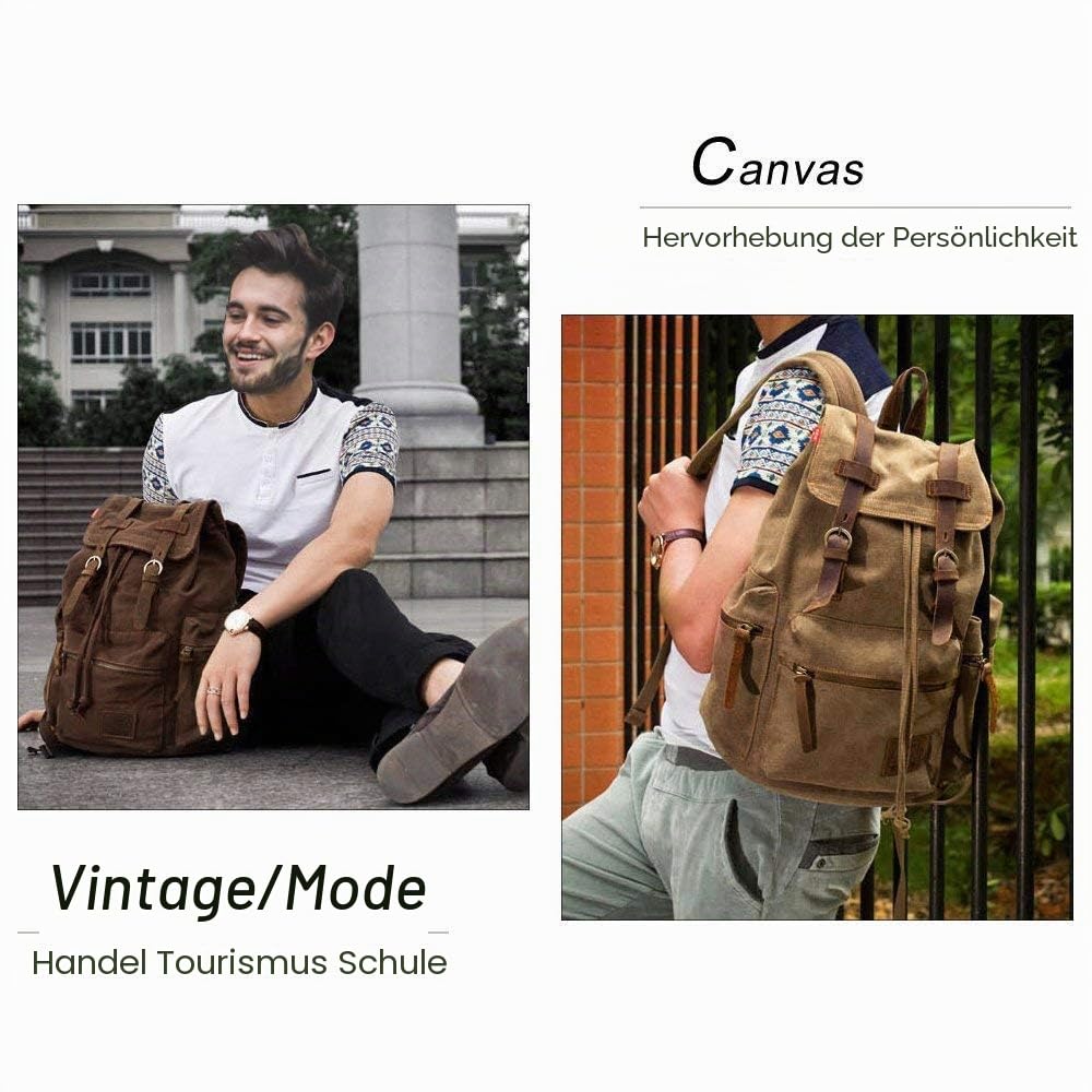 koolehaoda Vintage Canvas Lederrucksack Unisex Casual College Bag Wandertasche 17-Zoll-Laptop Business Rucksack Canvas Rucksack (L- Kaffee)