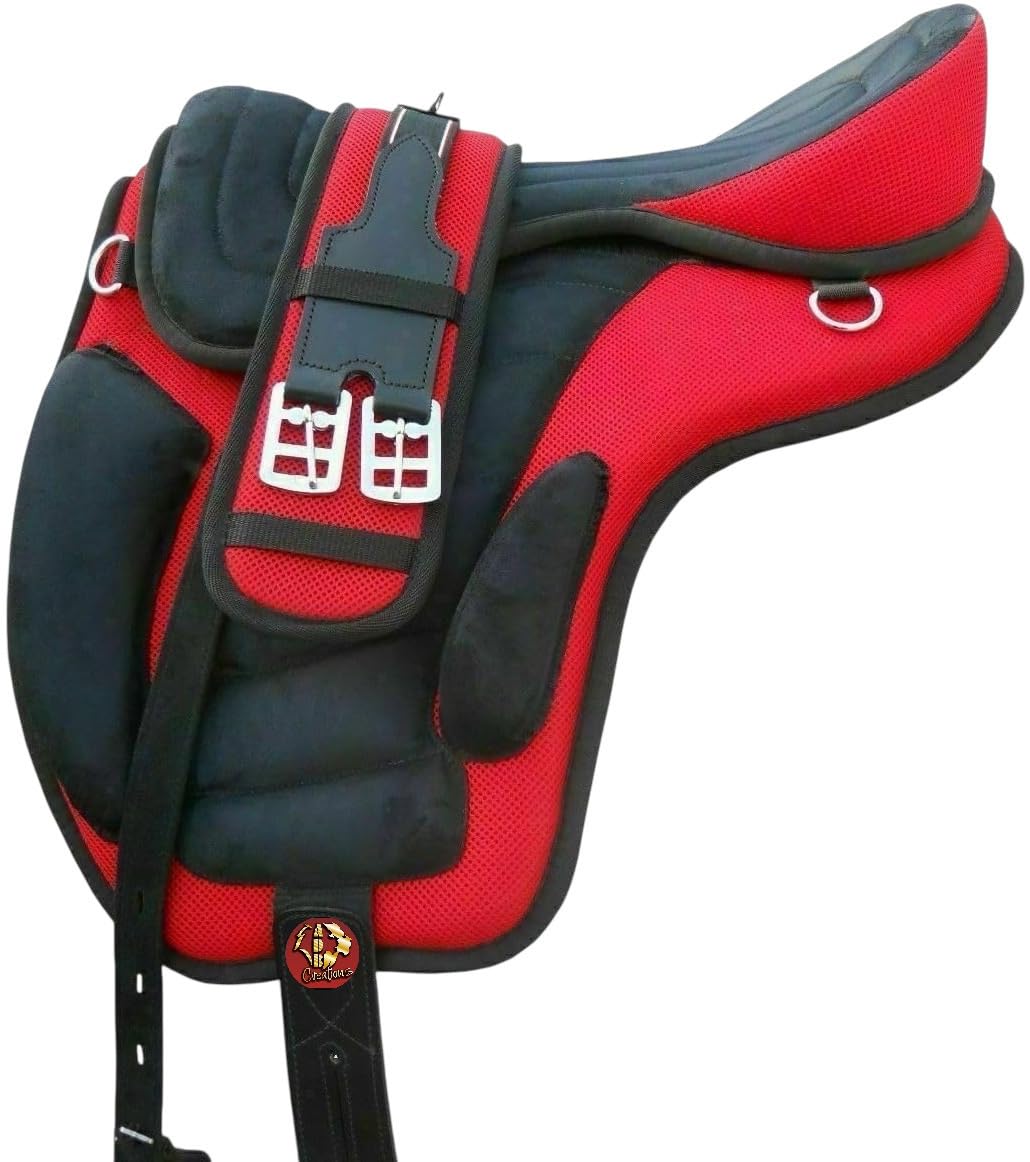 ADB CREATIONS All Purpose Pony and Adult Synthetic Treeless Freemax English Horse Saddles Size with Matching Girth & Aluminum Stirrups 10 to 18 Inch Seat (Red, 16.5" Inch)