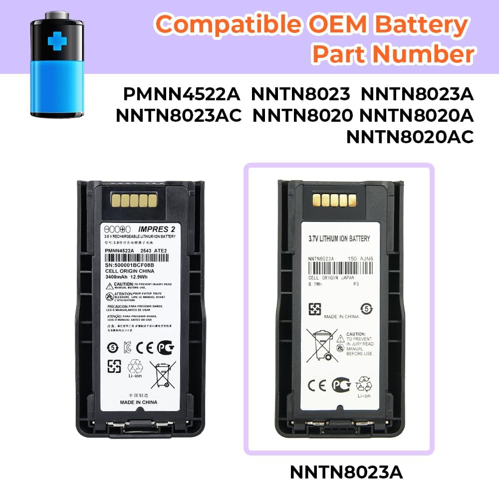 3.8V 3400mAh PMNN4522A IMPRES 2 Li-ion Battery for Motorola MTP3100 MTP3200 MTP3250 MTP6000 MTP6650 MTP6750 Two-Way Radio with Belt Clip