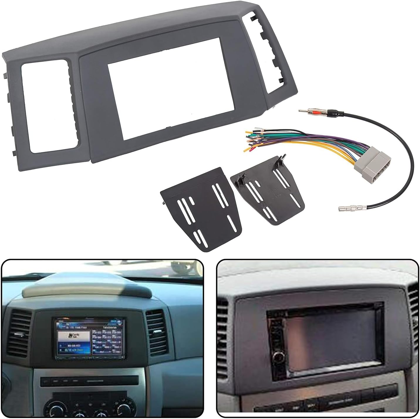 ECOTRIC Double Din Navigation Radio Bezel Dash Install Kit Compatible with 2005-2007 Jeep Grand Cherokee with Wiring Harness and Antenna Adapter