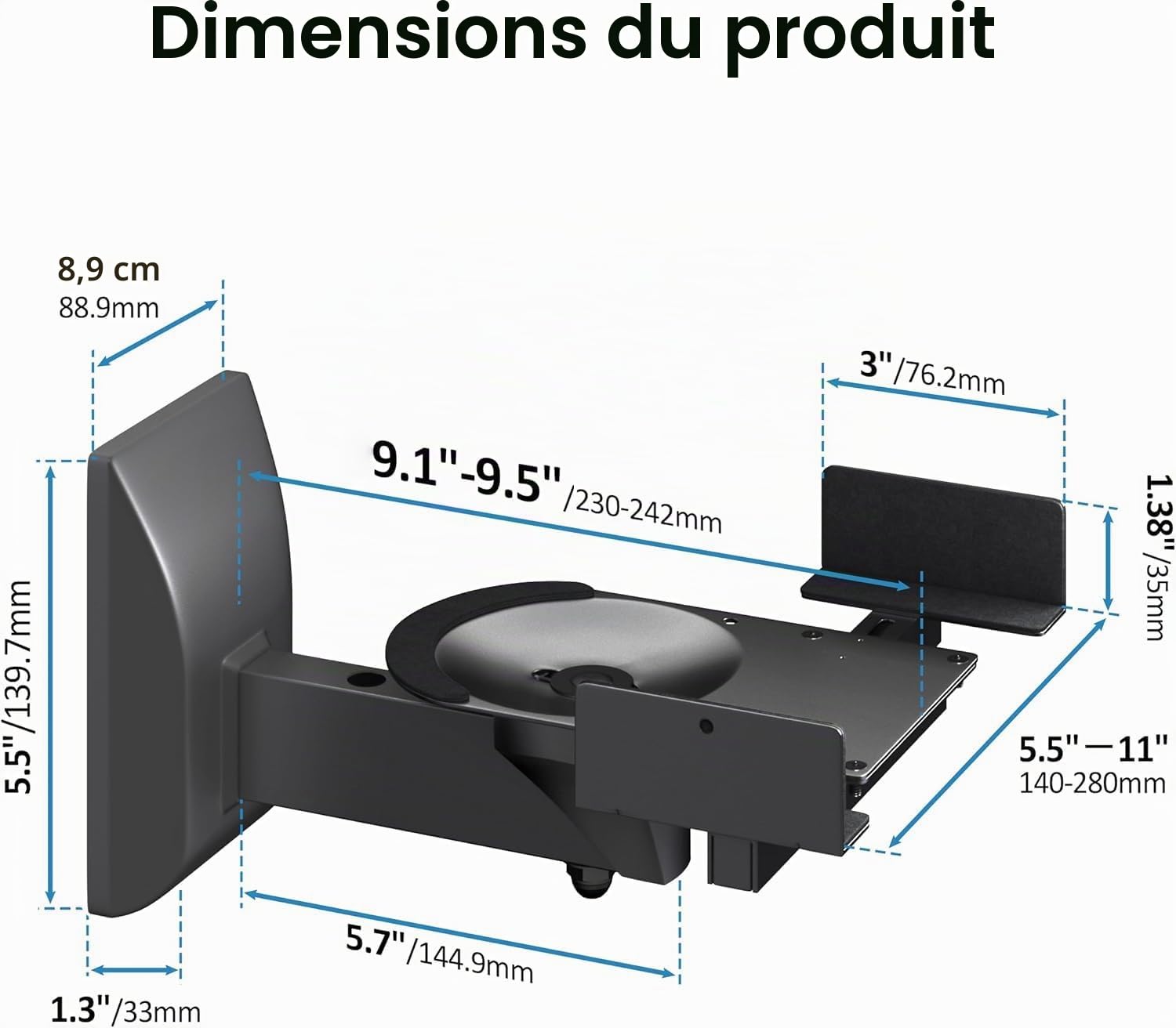 PUTORSEN Support Mural Universel pour Haut-Parleur, Support Mural pivotant et réglable pour Haut-parleurs ambiants, Peut Supporter jusqu'à 15 kg chacun, Noir