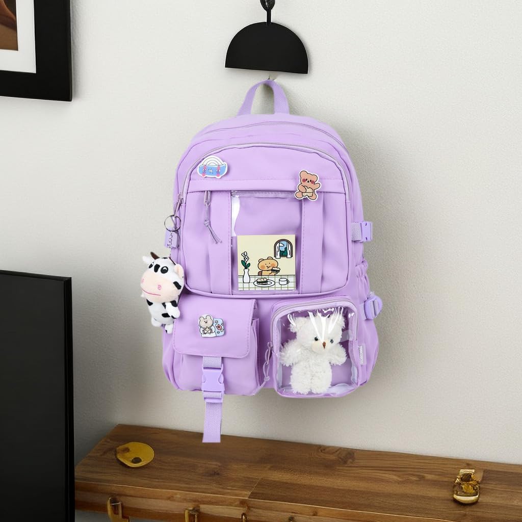 Kawaii Backpack with Cute Bear Plush Kawaii Pin Accessories Large Capacity Aesthetic School Bags Cute Bookbag for Girls Teen Purple - Image 3