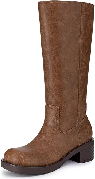 Athlefit Brown Knee High Boots for Women Chunky Heel Wide Calf Tall Boots Square Toe Pull On Platform Casual Fall Booties Size 10