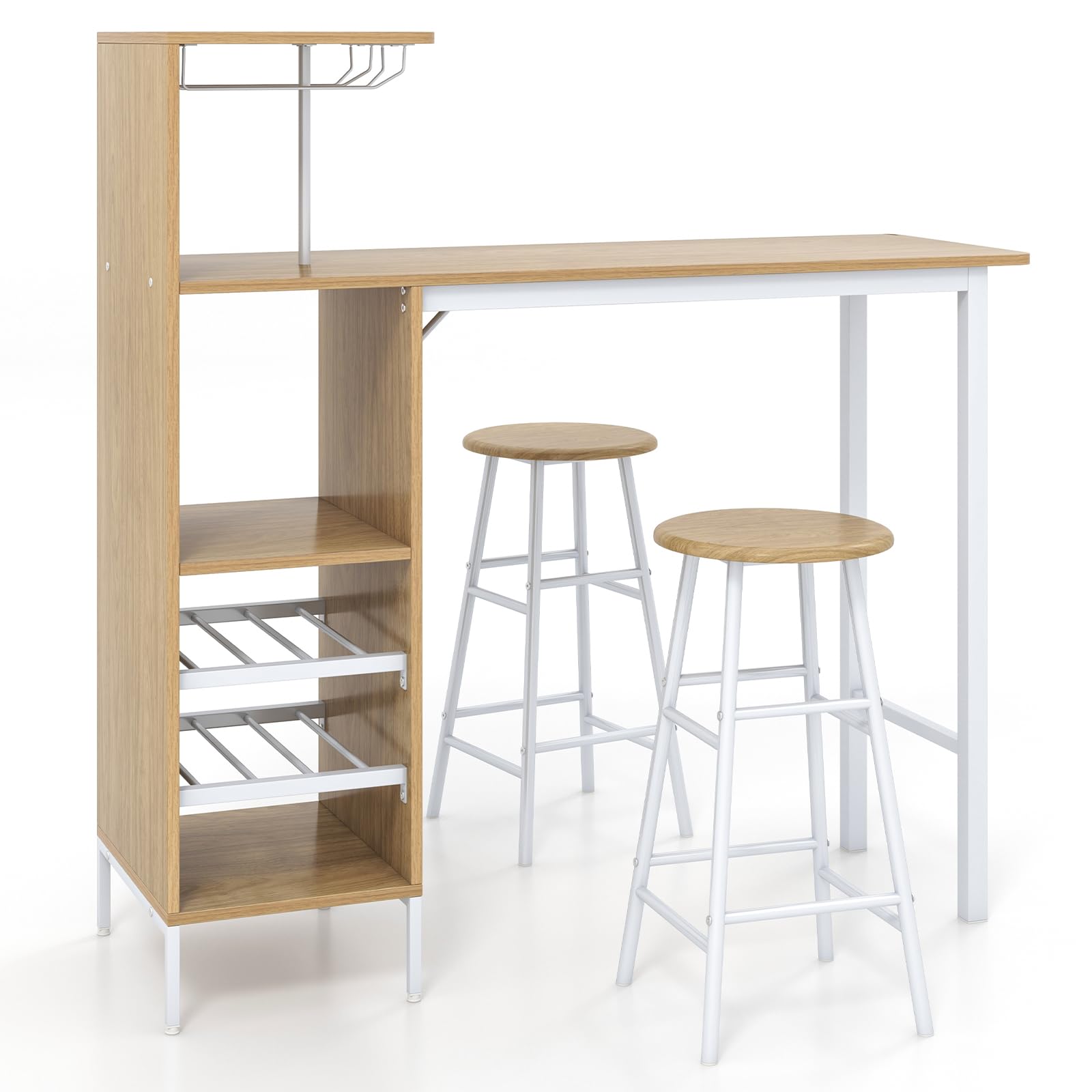 COSTWAY Table Haute Cuisine avec Tabouret, Mange Debout Industriel avec Porte-Verre Porte-Bouteilles, Table Bar avec Tabouret 2 Personnes Compact pour Cuisine Salle à Manger Salon Bistro